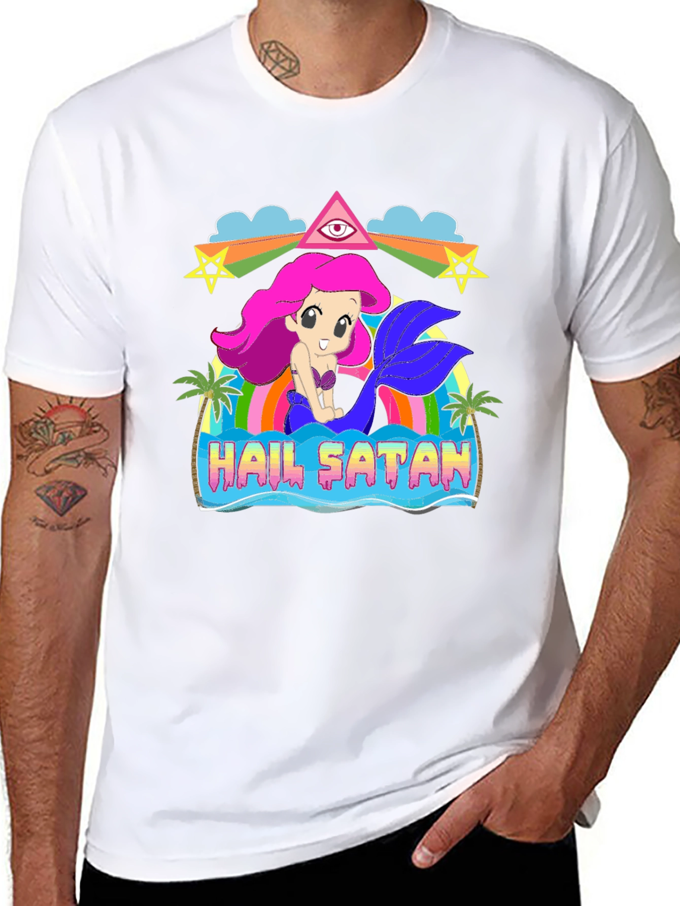 Black Hail Satan Mermaid Graphic T-Shirt view 8