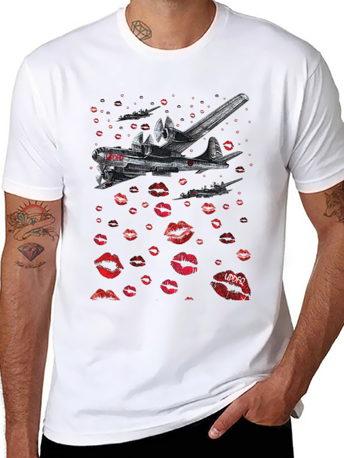 Black Bomber Plane Lips Print Graphic Tee - Unique Design view 8