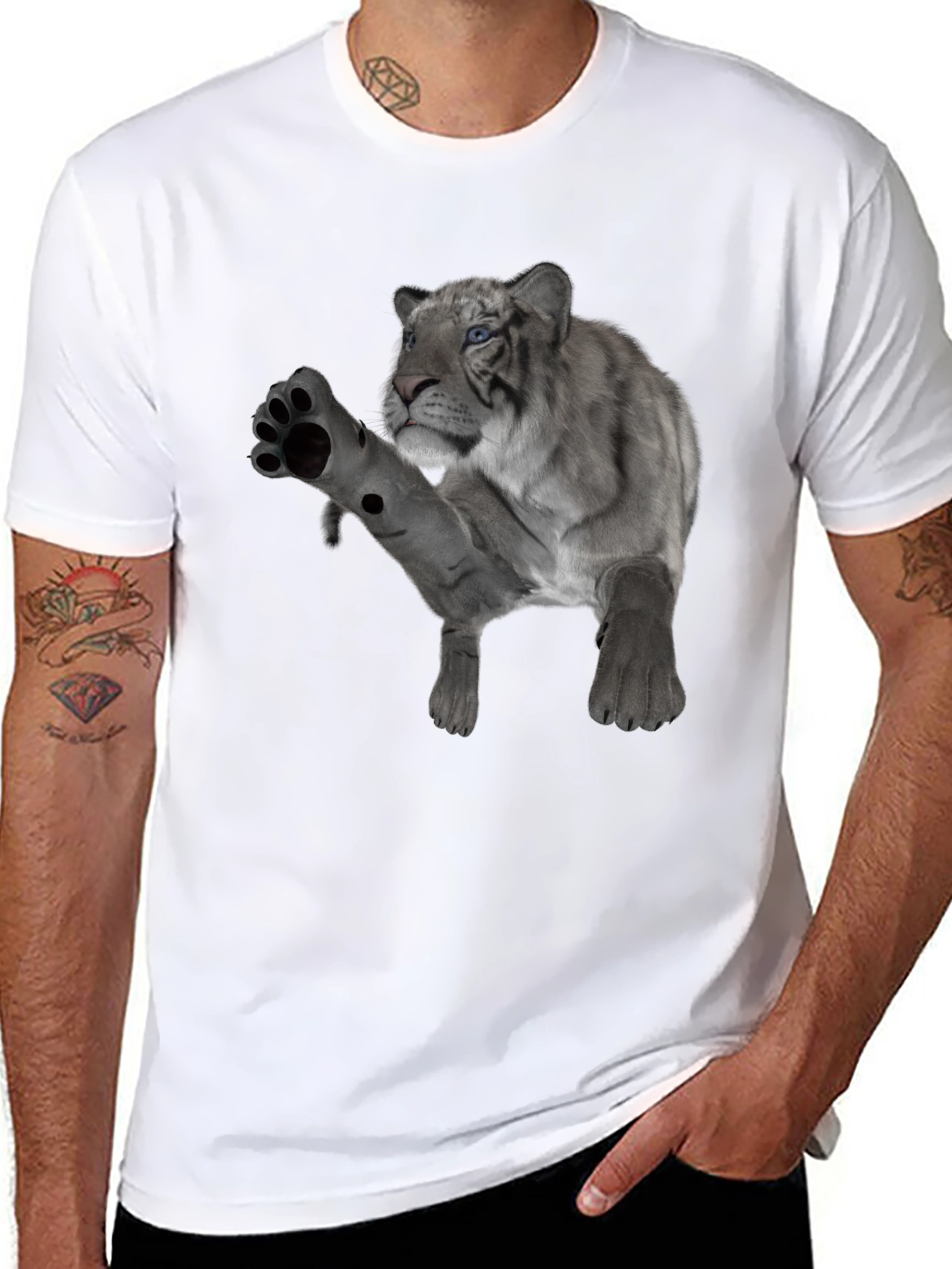 Black Men's Black T-Shirt with White Tiger Graphic view 8