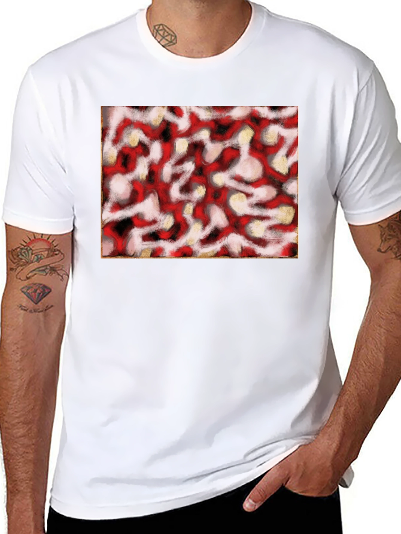 Black Abstract Red & White Pattern Black T-Shirt view 8