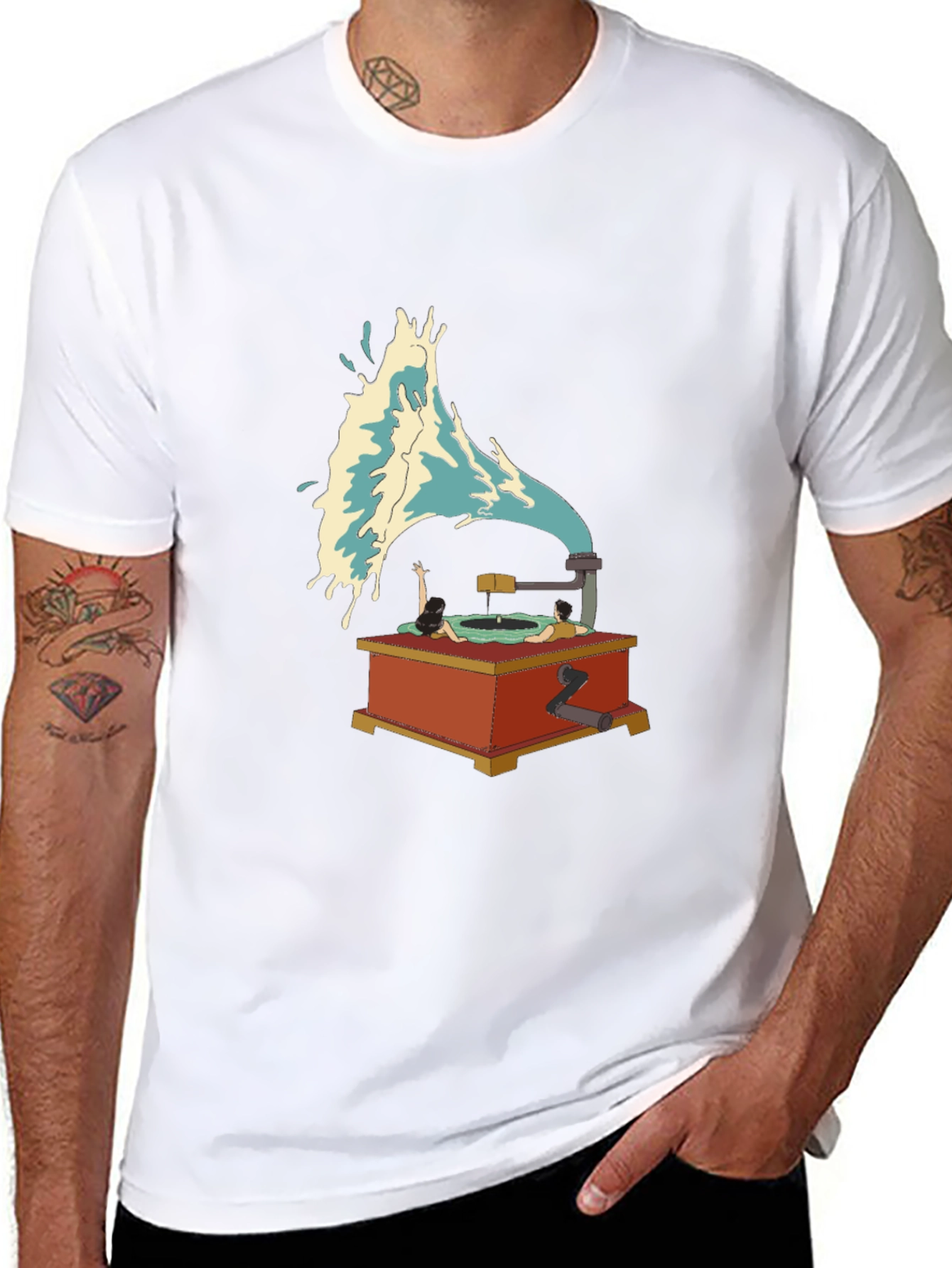 Black Surreal Vinyl Record Player Graphic Tee view 8
