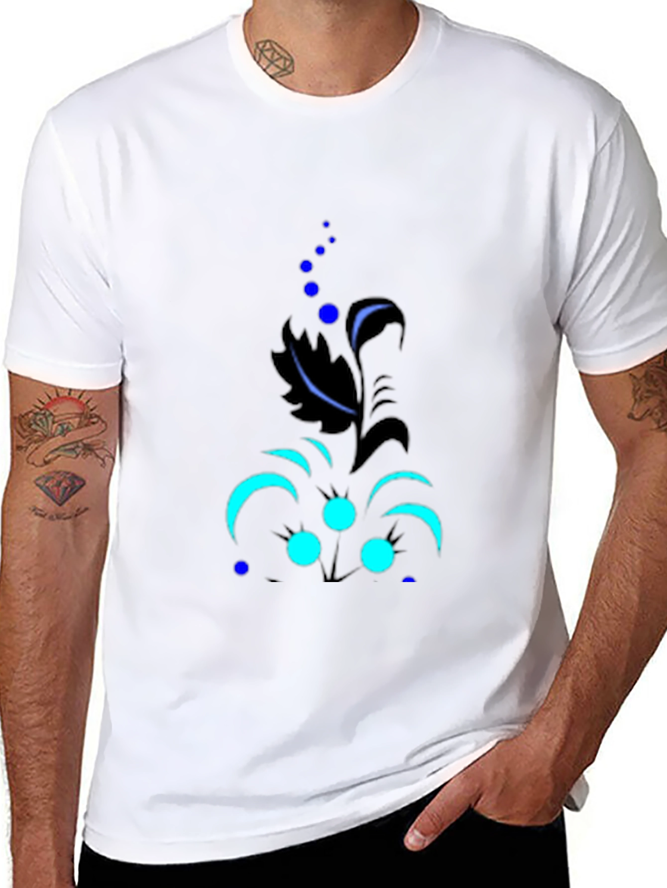 Black Men's Black Tee with Abstract Floral Design view 8