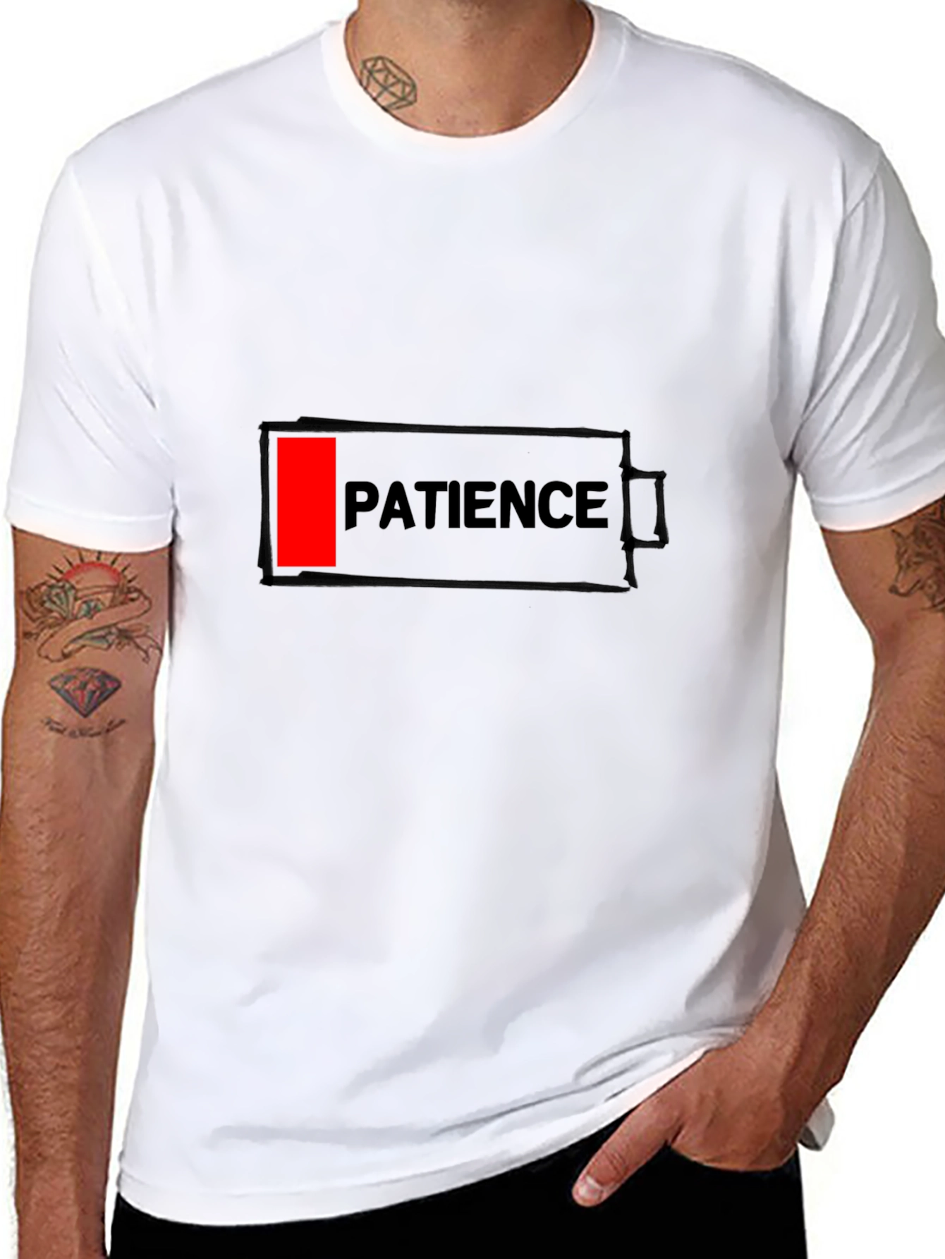 Black Patience Low Battery Black Graphic Tee for Men view 8
