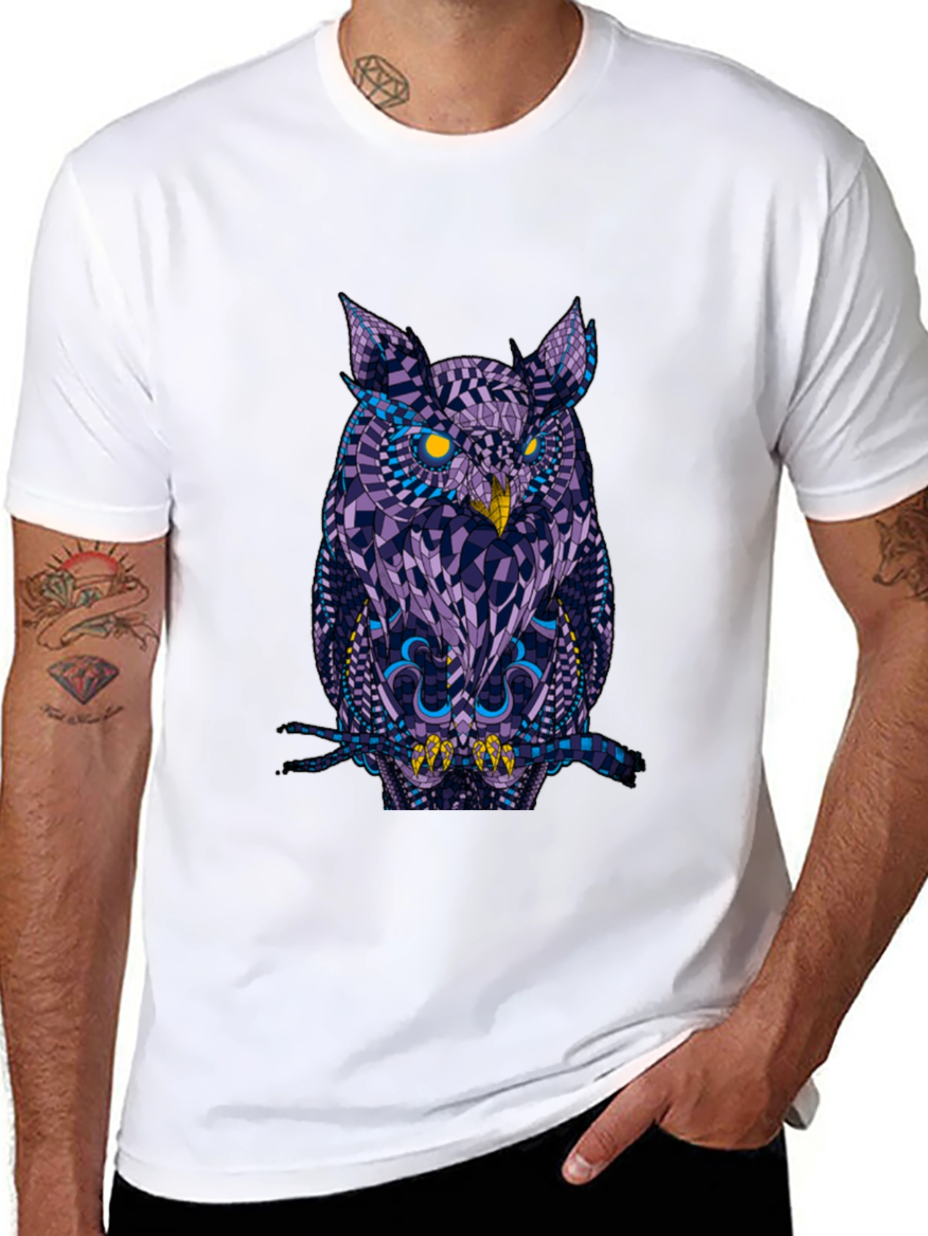 Black Geometric Owl Graphic Tee - Black Cotton view 8