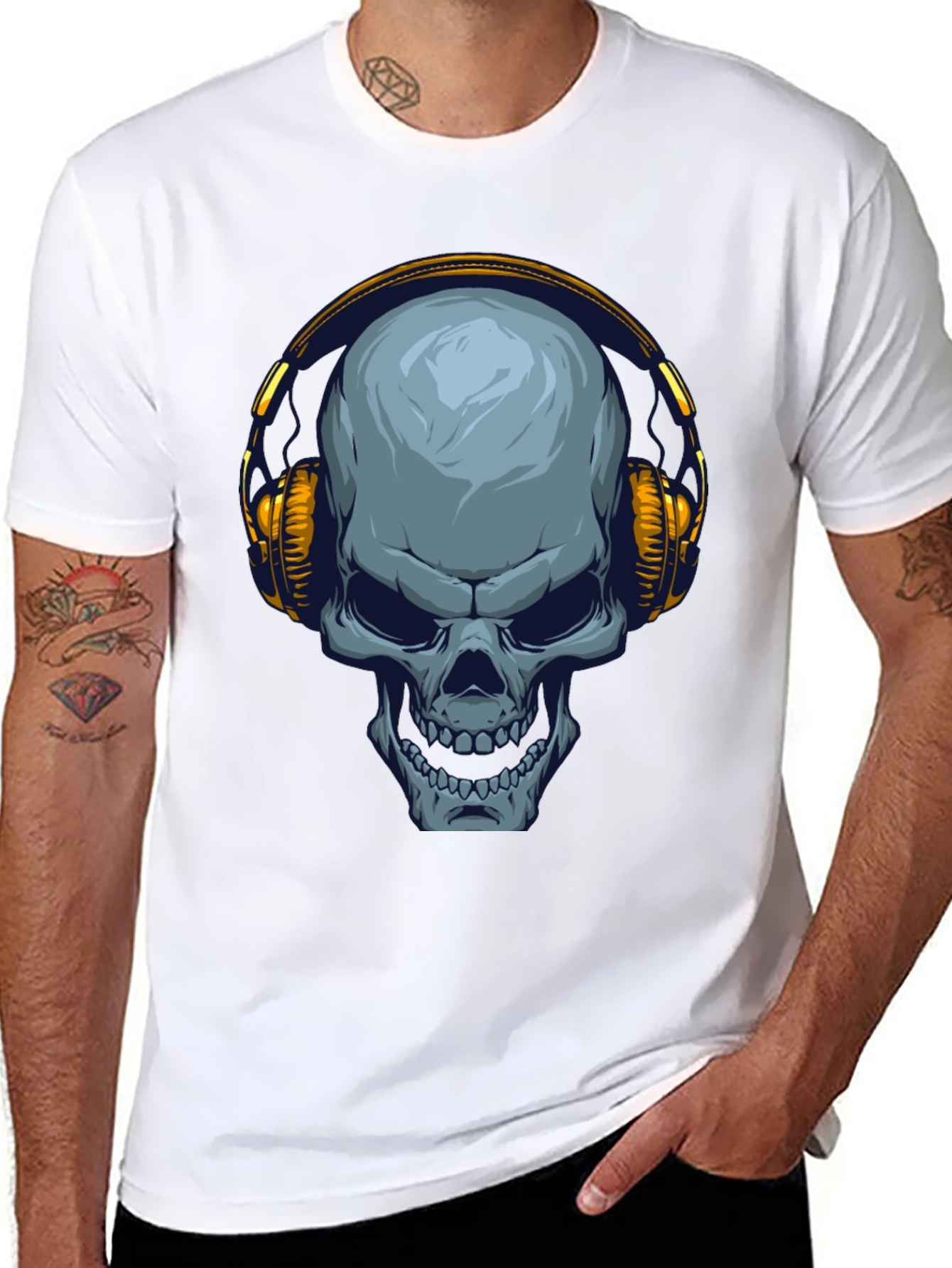 Black Skull with Headphones Graphic T-Shirt view 8
