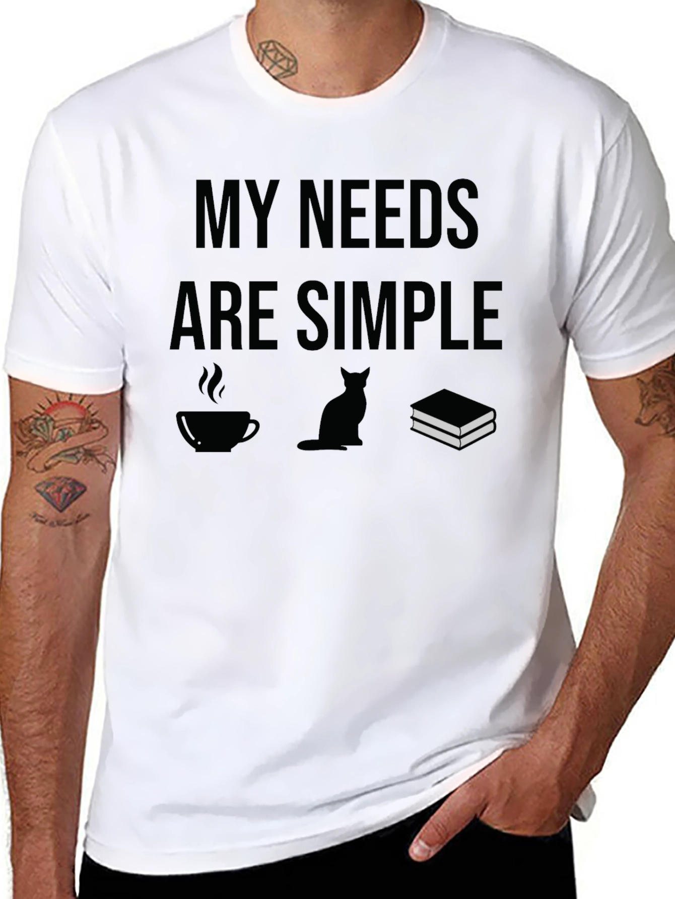 Black My Needs Are Simple T-Shirt: Coffee, Cat, Books view 8