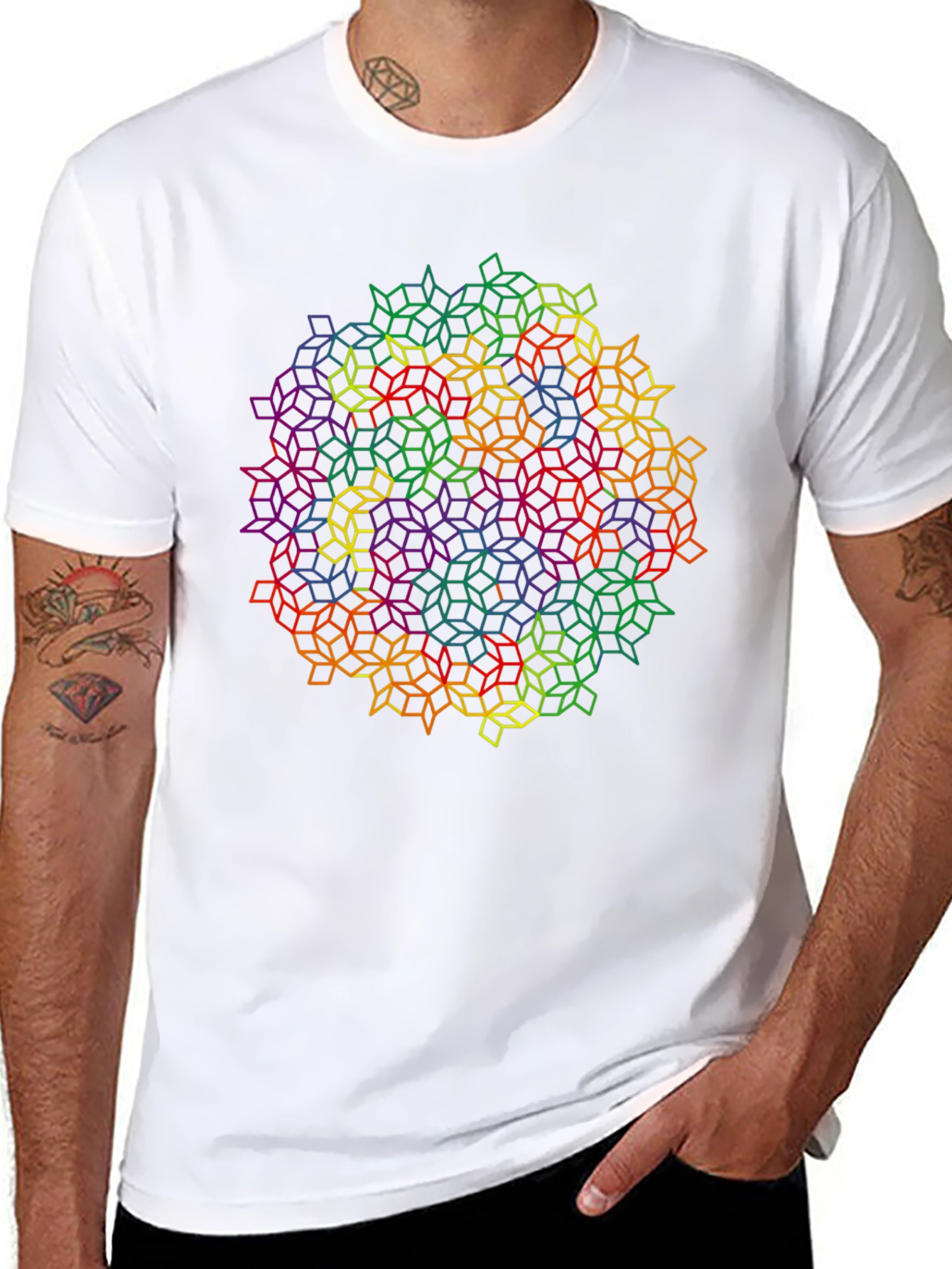 Black Geometric Rainbow Cube Pattern Black T-Shirt view 8