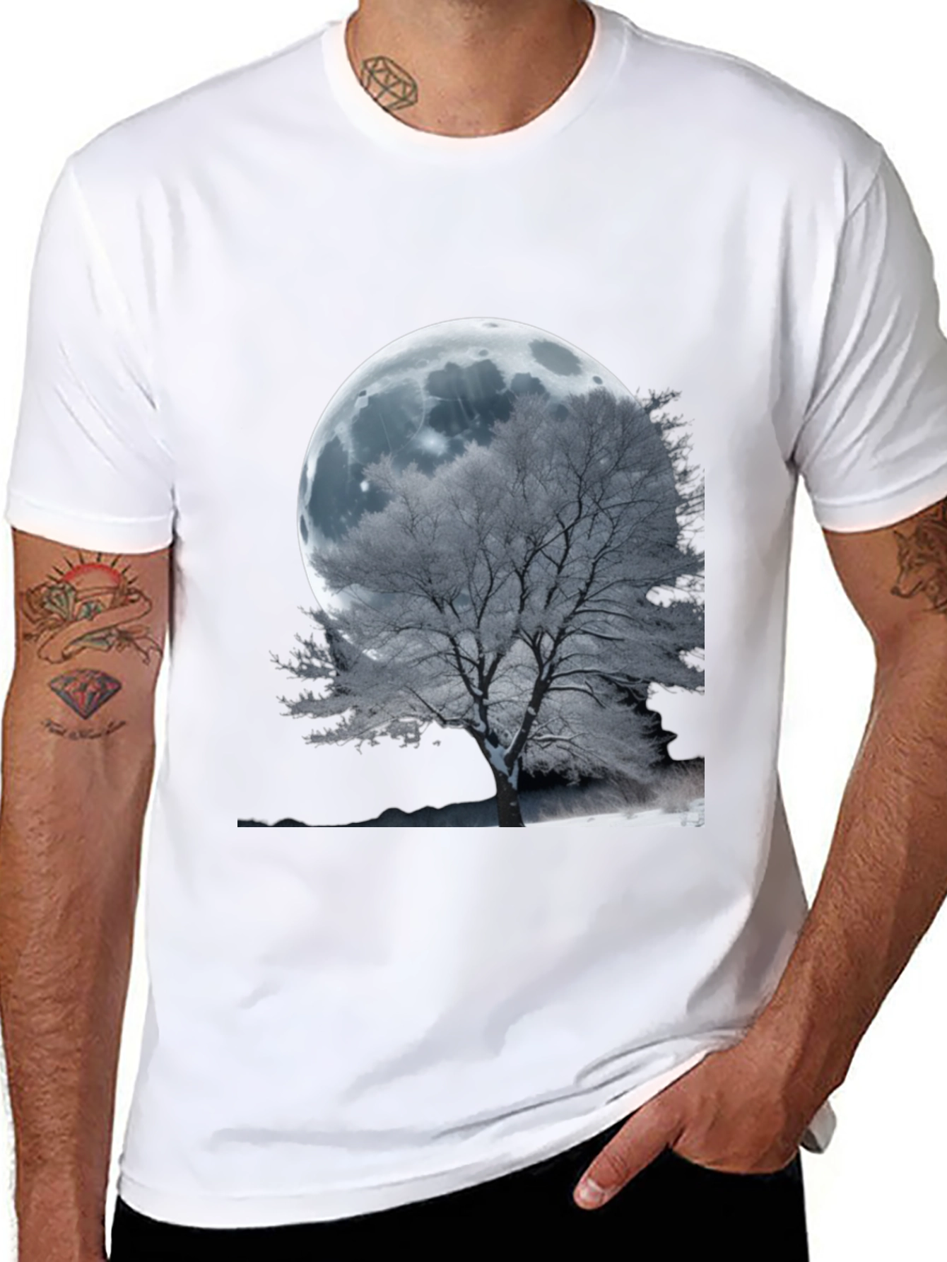 Black Moonlit Tree Graphic T-Shirt - Unique Design view 8
