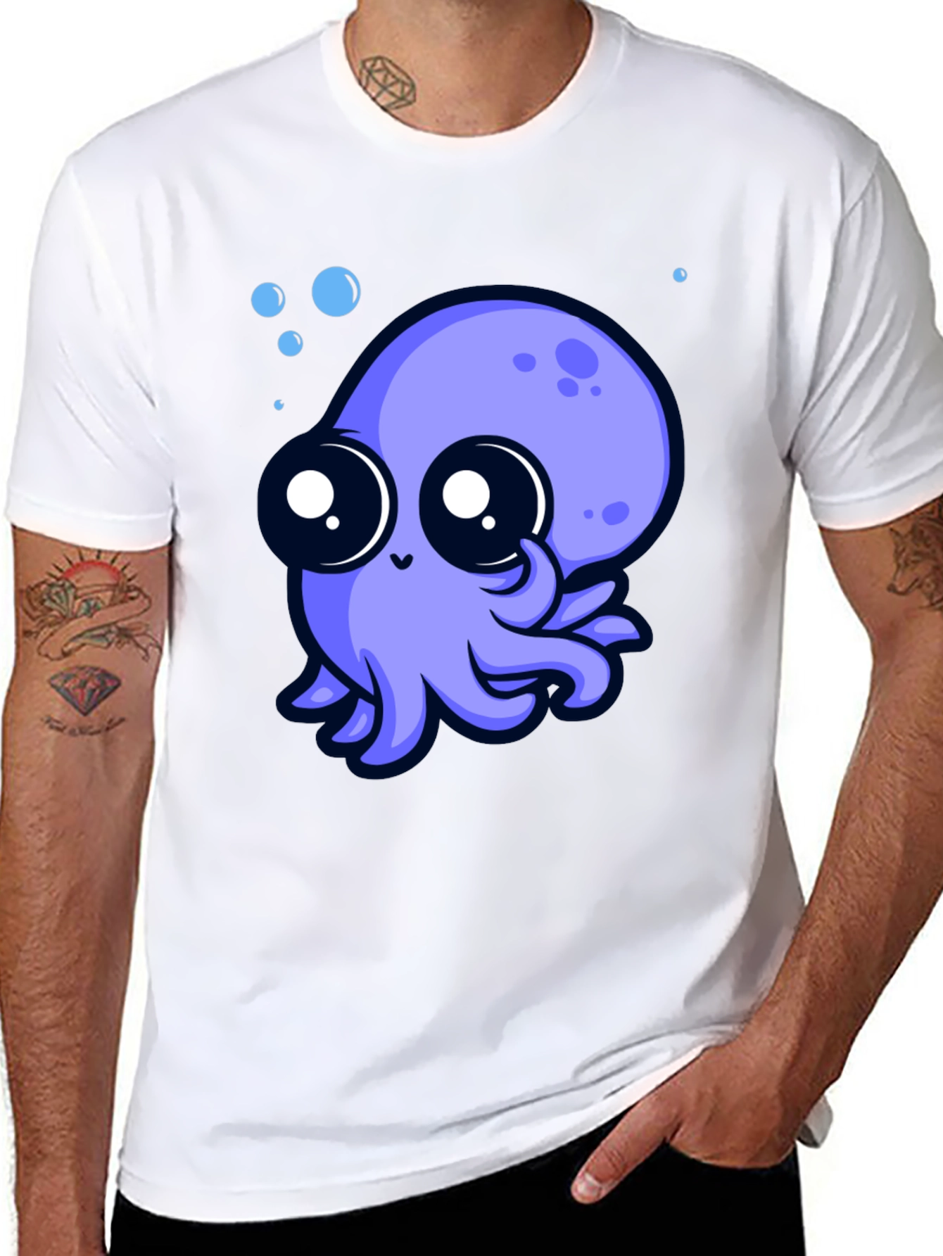 Black Cute Octopus Graphic Tee - Black Cotton T-Shirt view 8