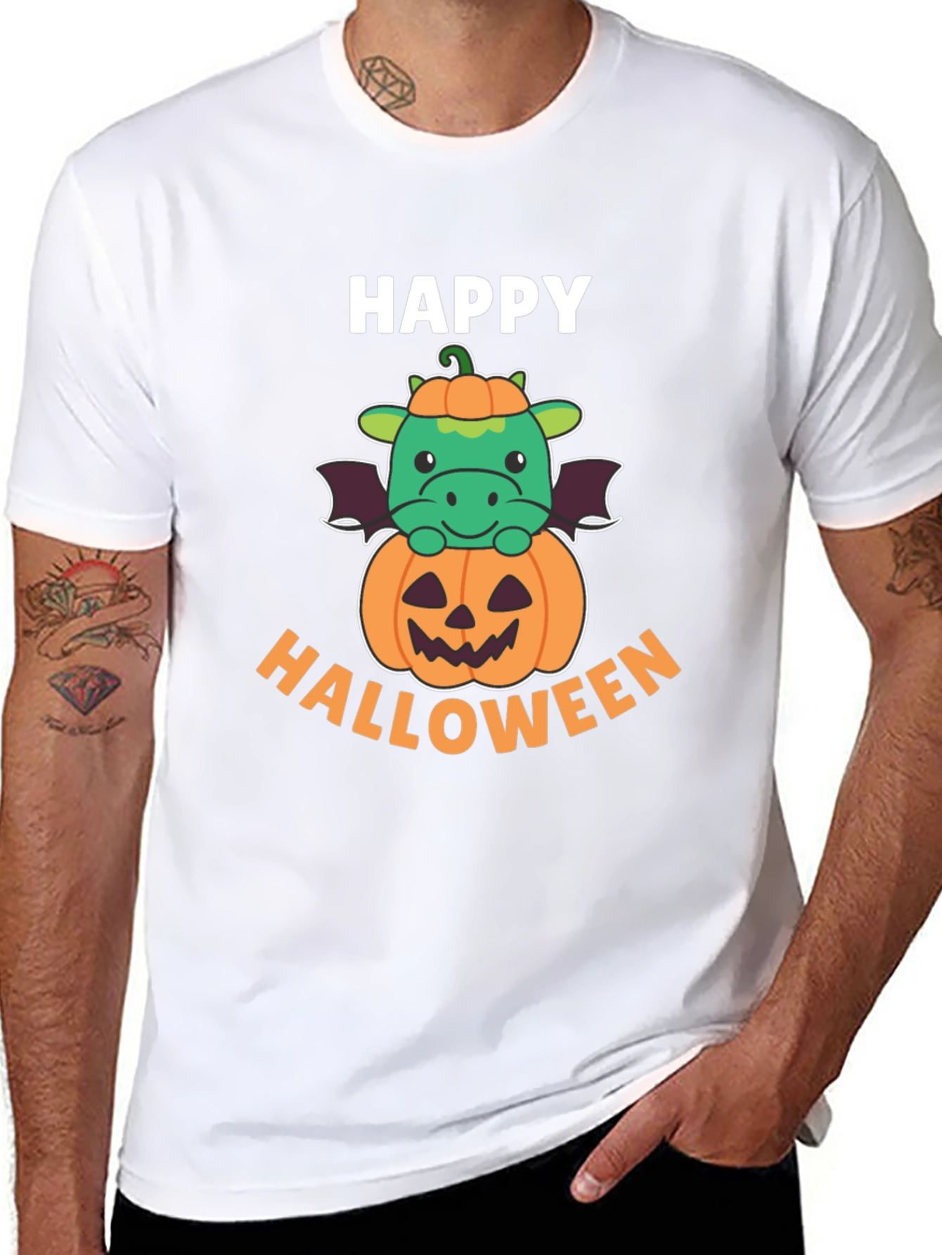 Black Happy Halloween Dragon on Pumpkin Men's T-Shirt view 8