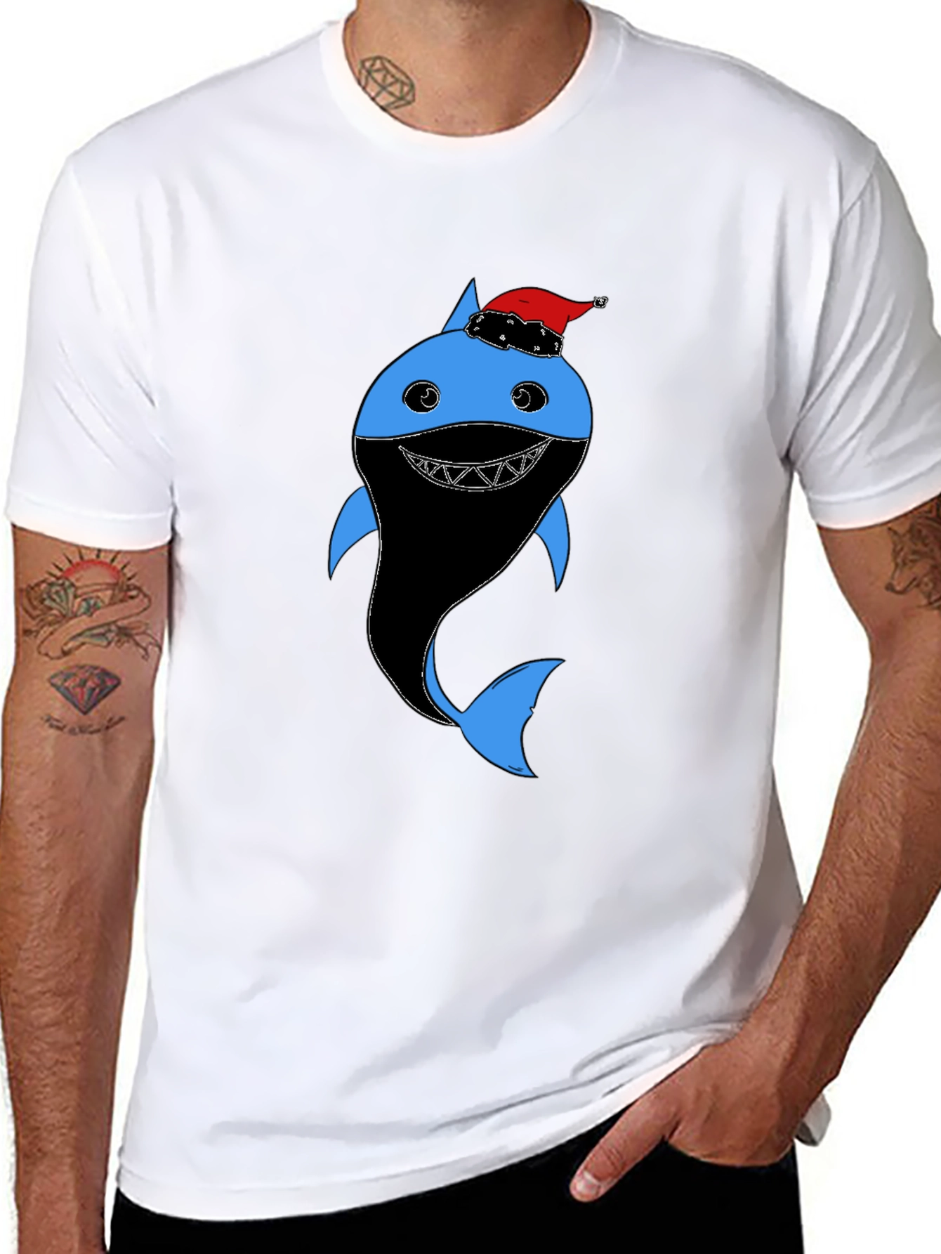 Black Festive Shark Graphic Tee - Holiday Humor view 8