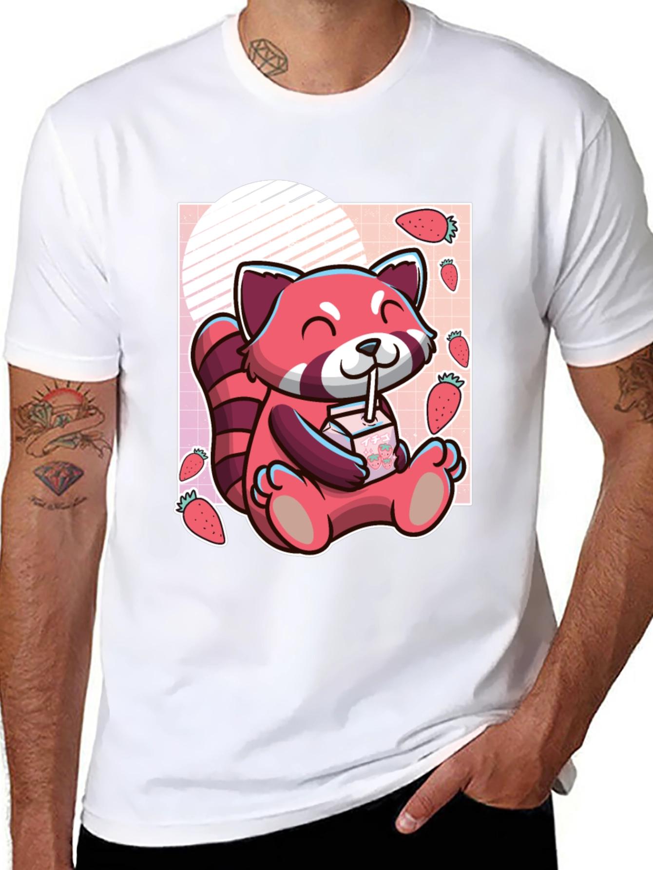 Black Red Panda Strawberry Milk T-Shirt view 8