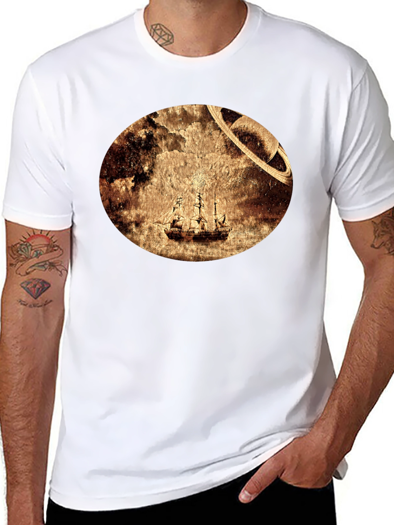 Black Vintage Space Sailboat T-Shirt - Unique Graphic Tee view 8