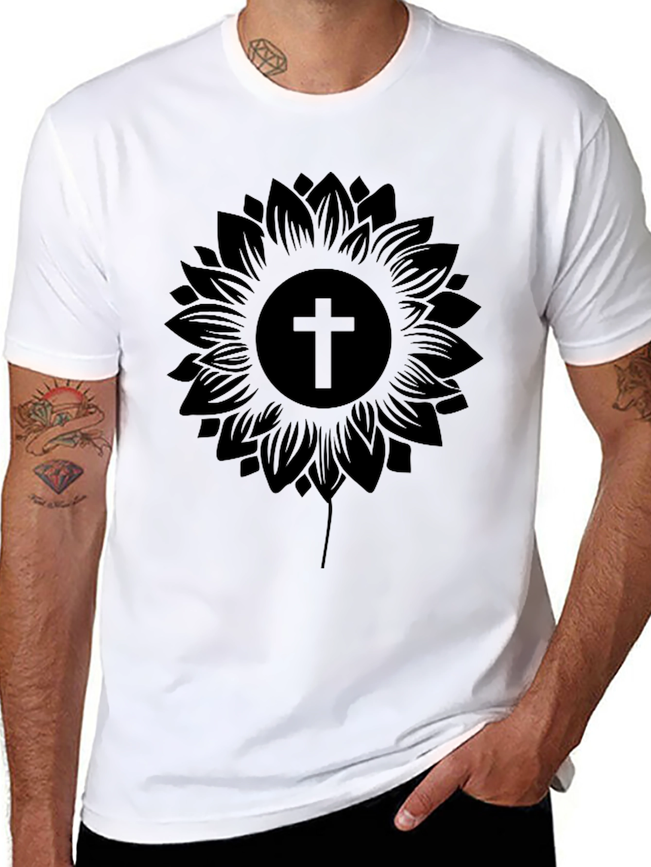 Black Sunflower Cross Graphic Black T-Shirt view 8
