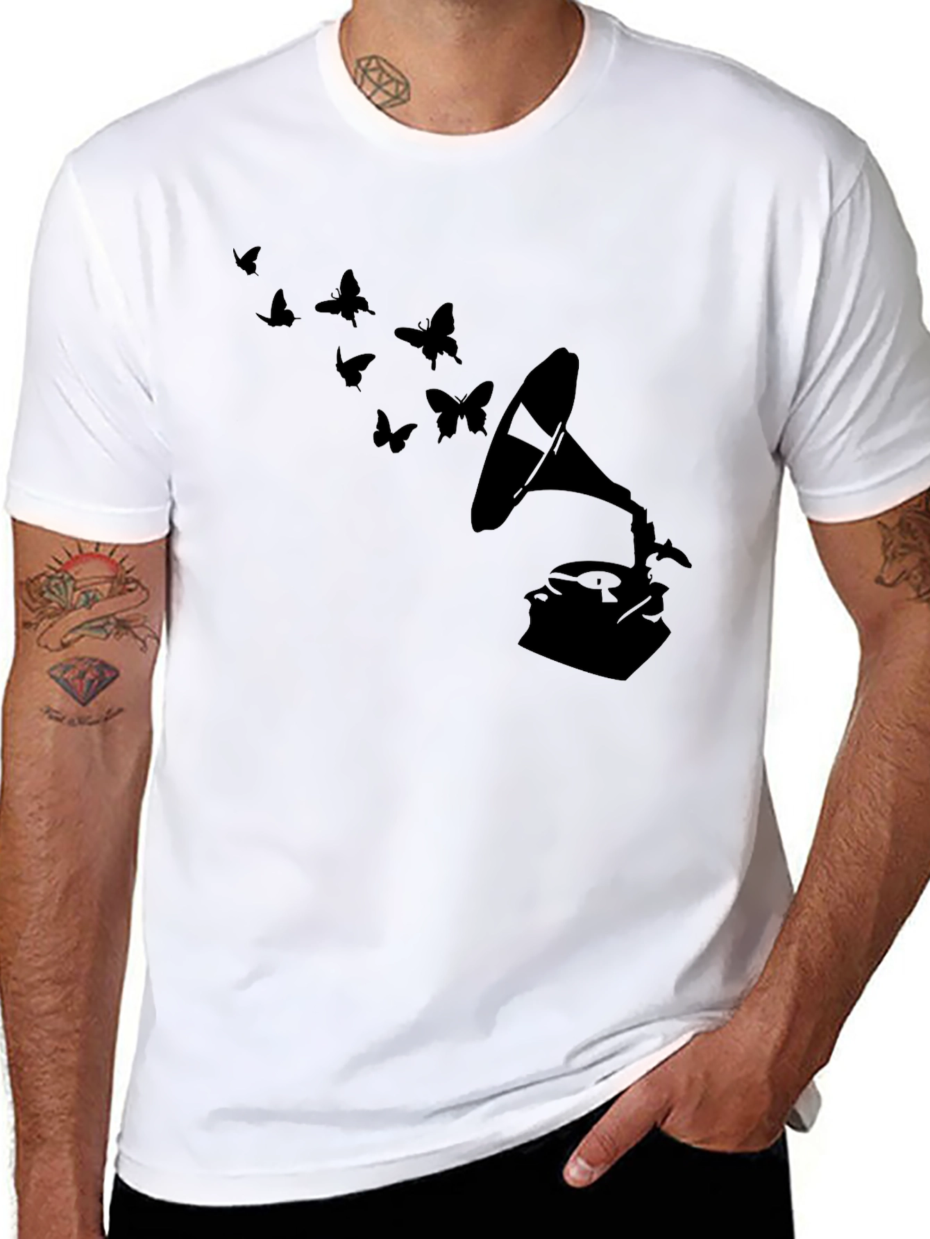 Black Vintage Gramophone & Butterfly T-Shirt - Stylish Retro Tee view 8