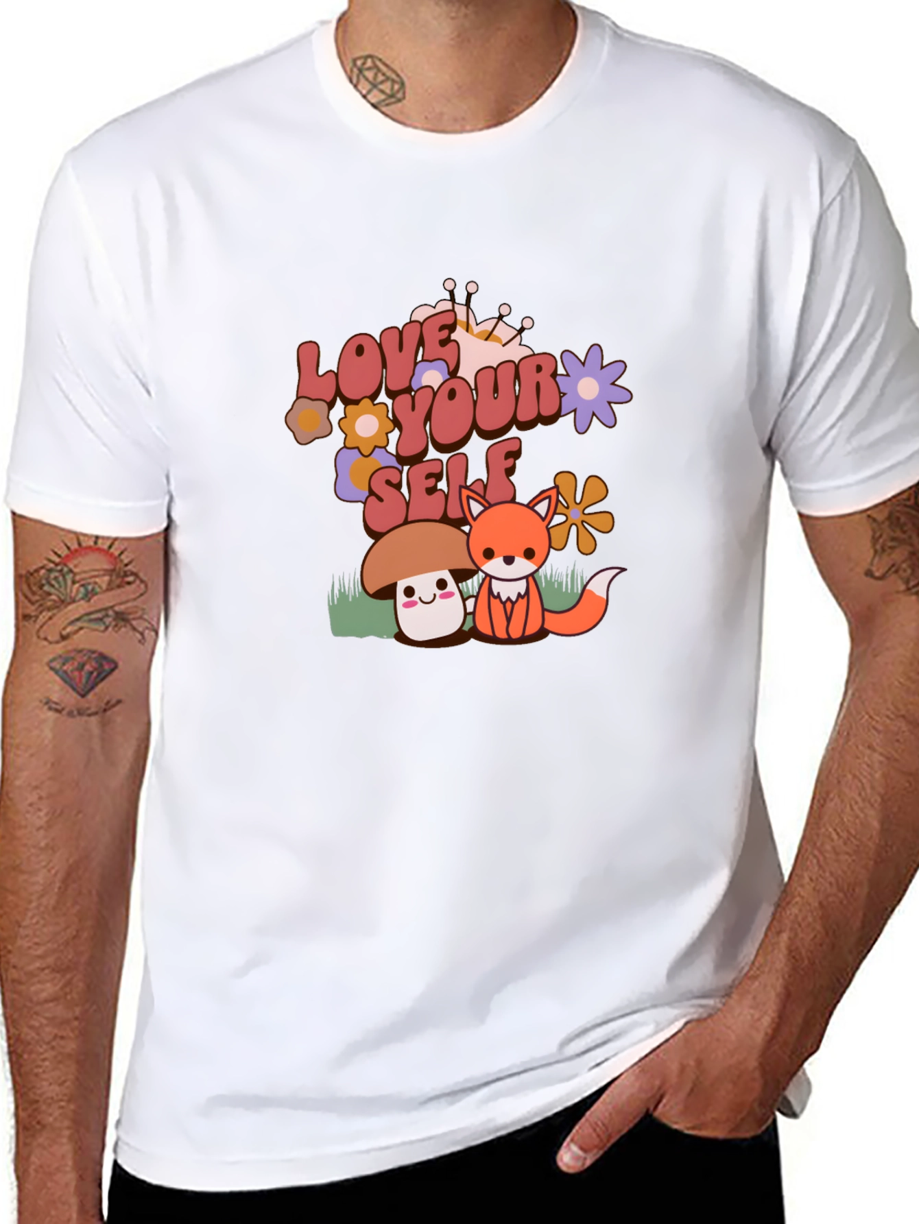 Black Love Yourself T-Shirt with Cute Mushroom and Fox Design view 8