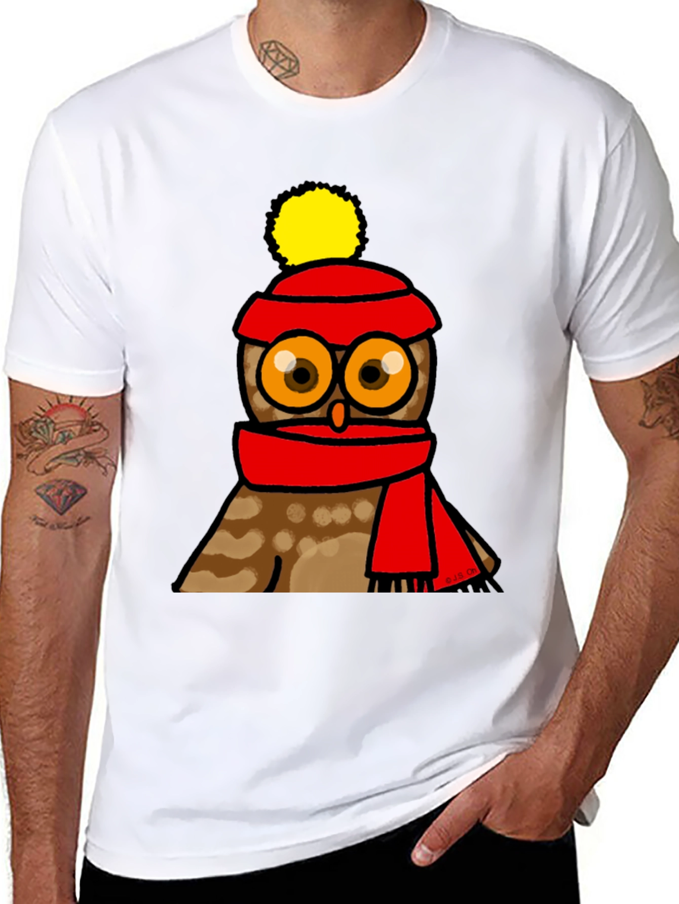 Black Cute Owl in Hat & Scarf Graphic T-Shirt view 8