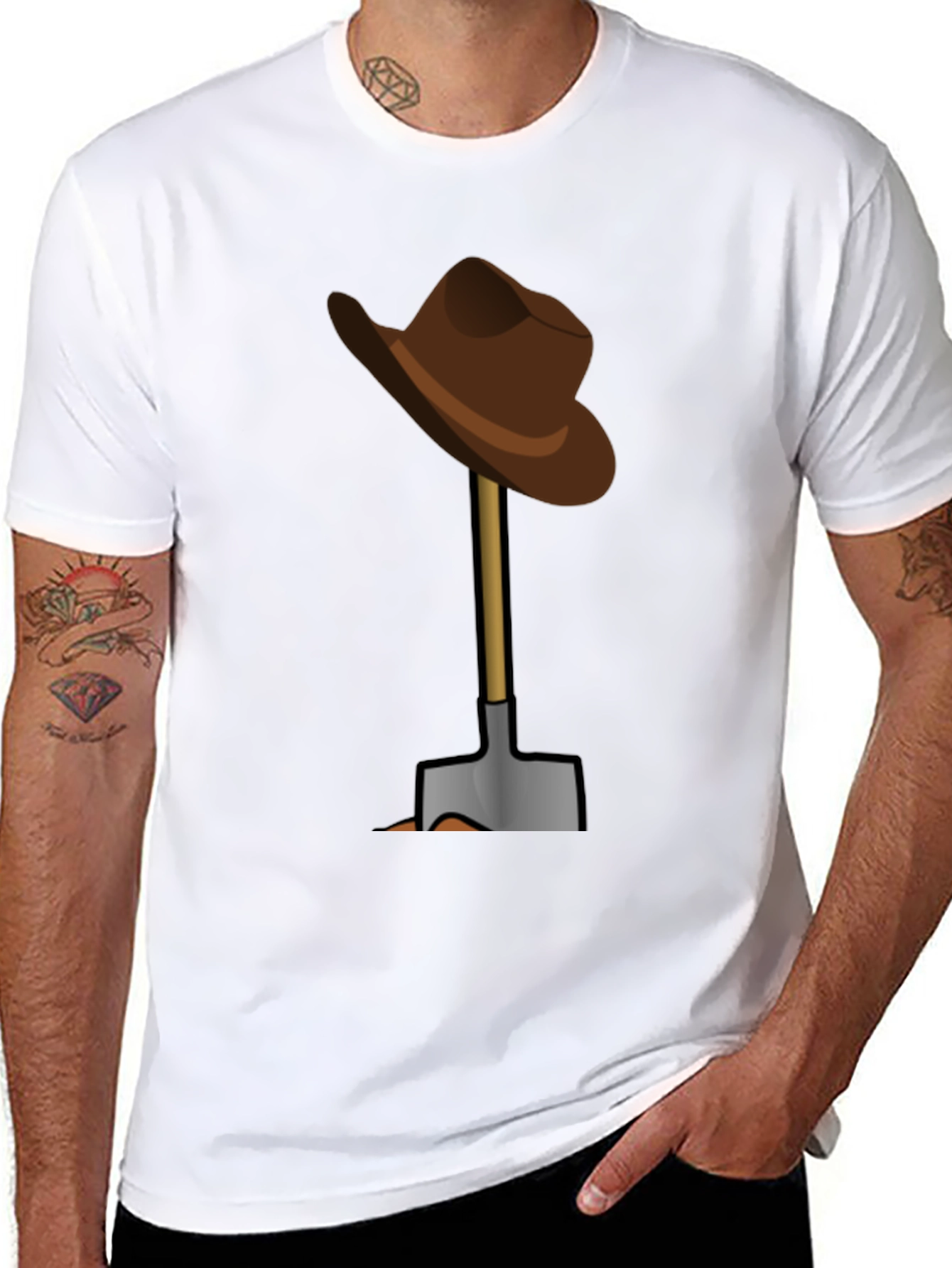 Black Funny T-Shirt: Hat on Shovel Graphic Tee view 8
