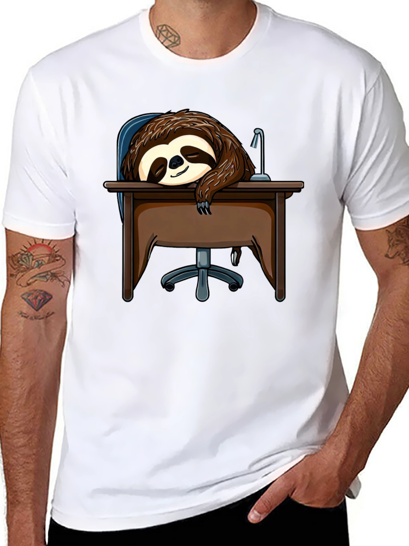 Sleeping Sloth on Desk T-Shirt - Funny Lazy Animal Tee - 8