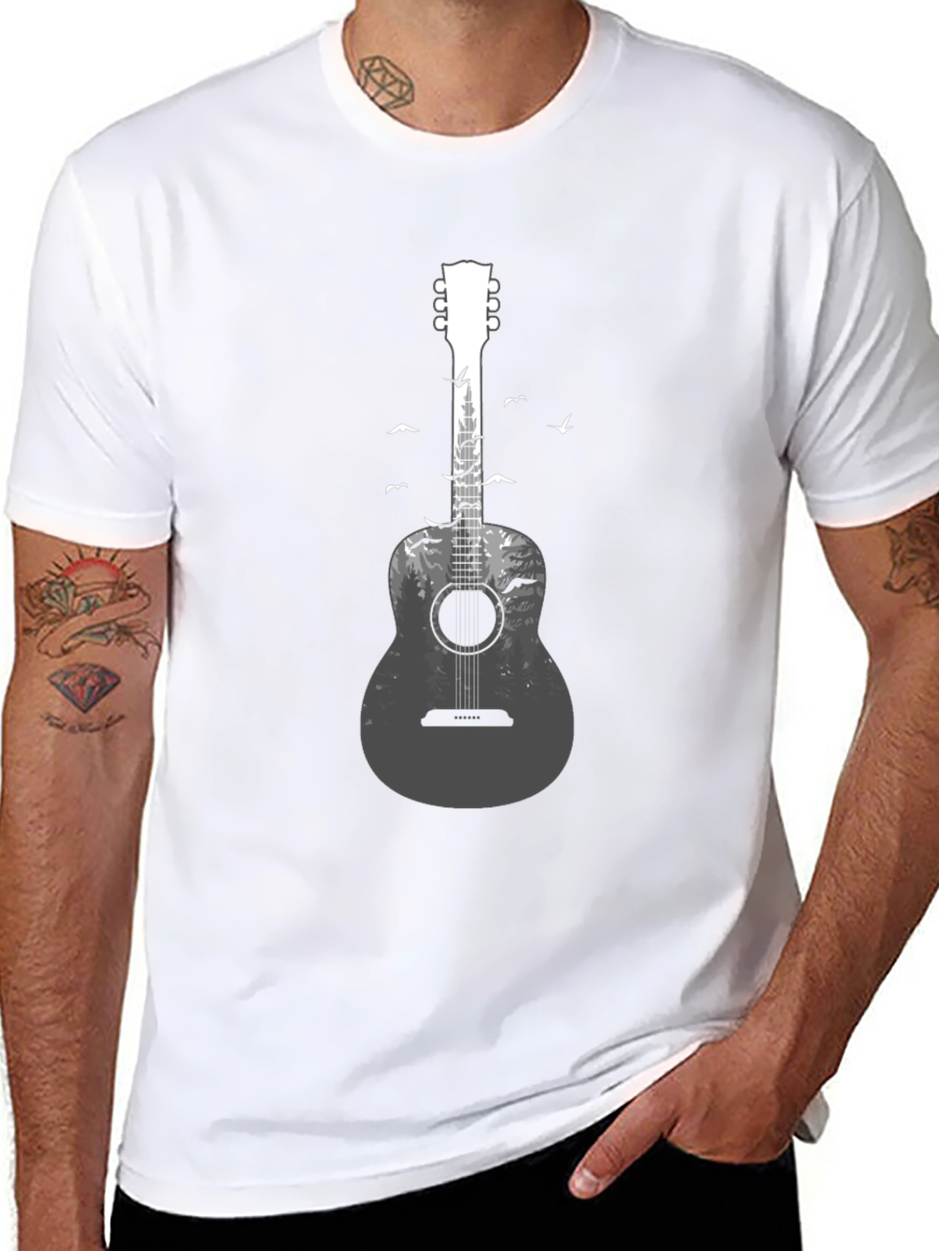 Black Acoustic Guitar Forest Graphic Tee - Nature Music Lover T-Shirt view 8