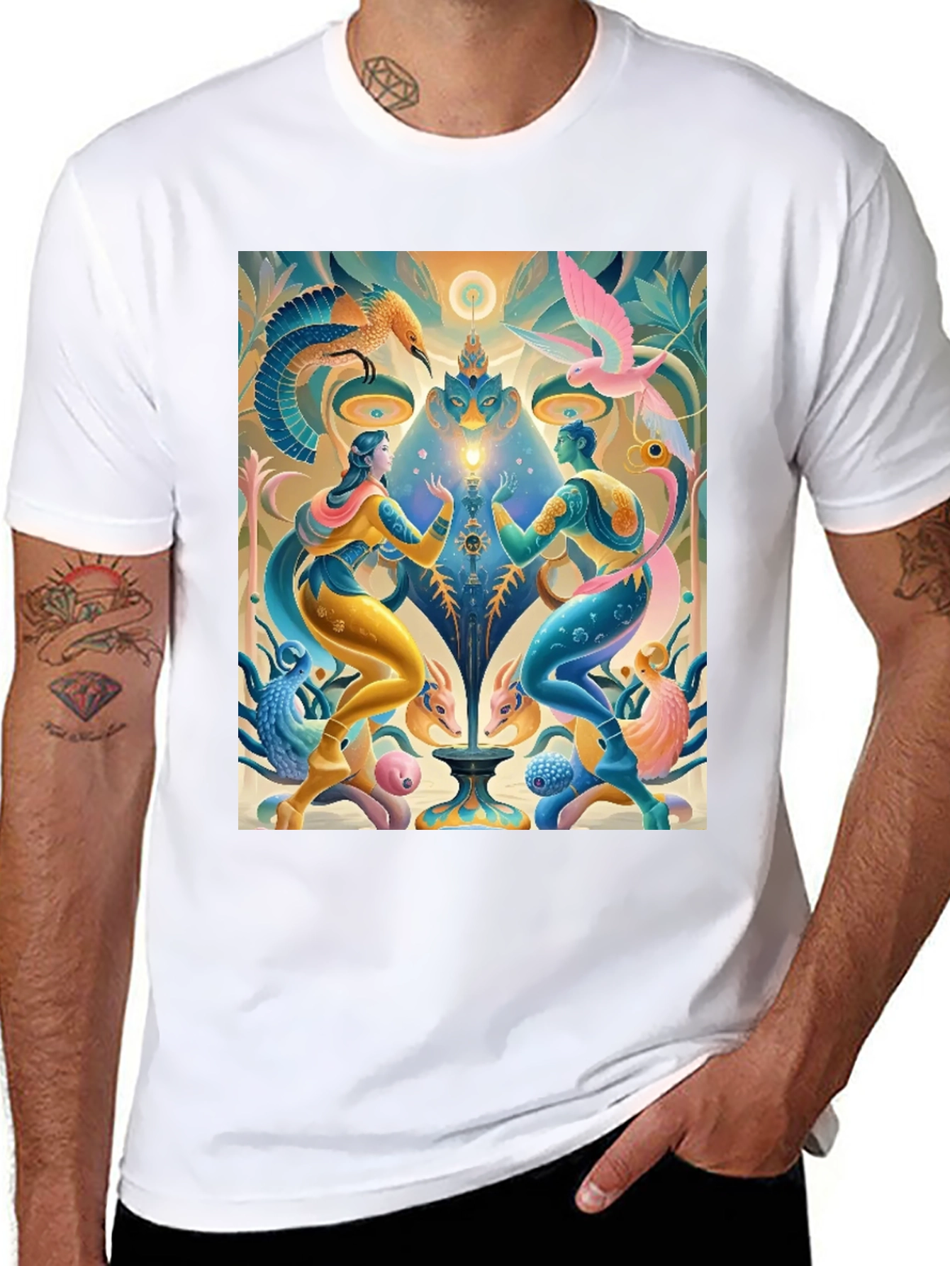 Black Artistic T-Shirt: Mystical Bird and Figure Design view 8
