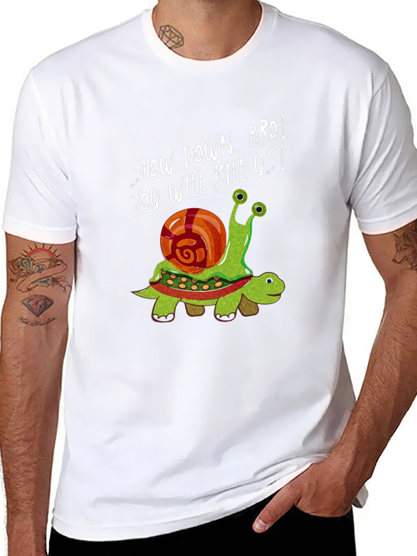 Black Funny Snail Riding Turtle Graphic Tee - Slow Down Bro! view 8