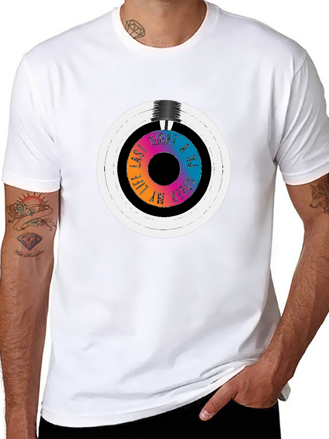 Black Colorful Vinyl Record Graphic Tee - Black Cotton Blend T-Shirt view 8