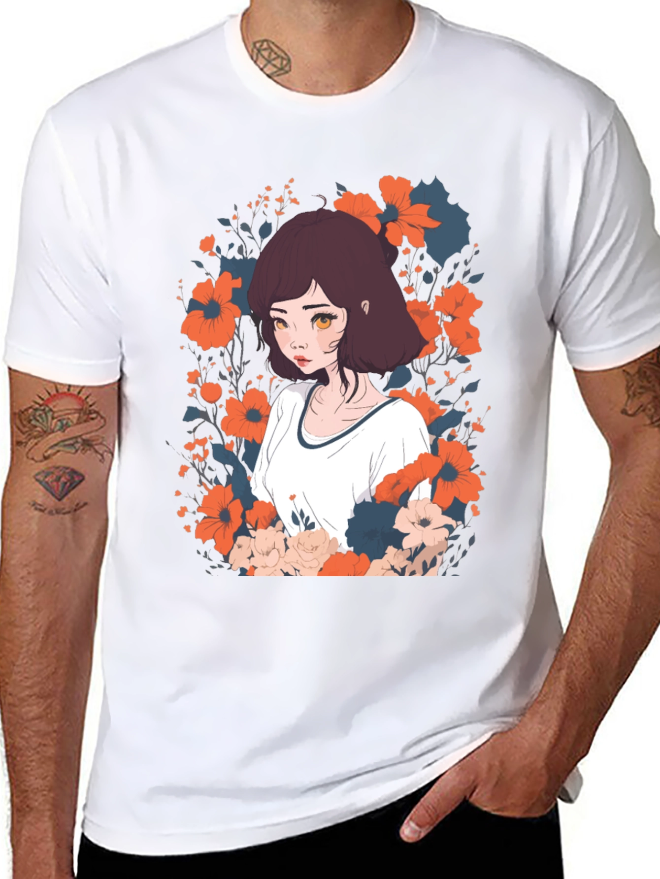 Black Floral Anime Girl Graphic Tee - Unisex Black T-Shirt view 8