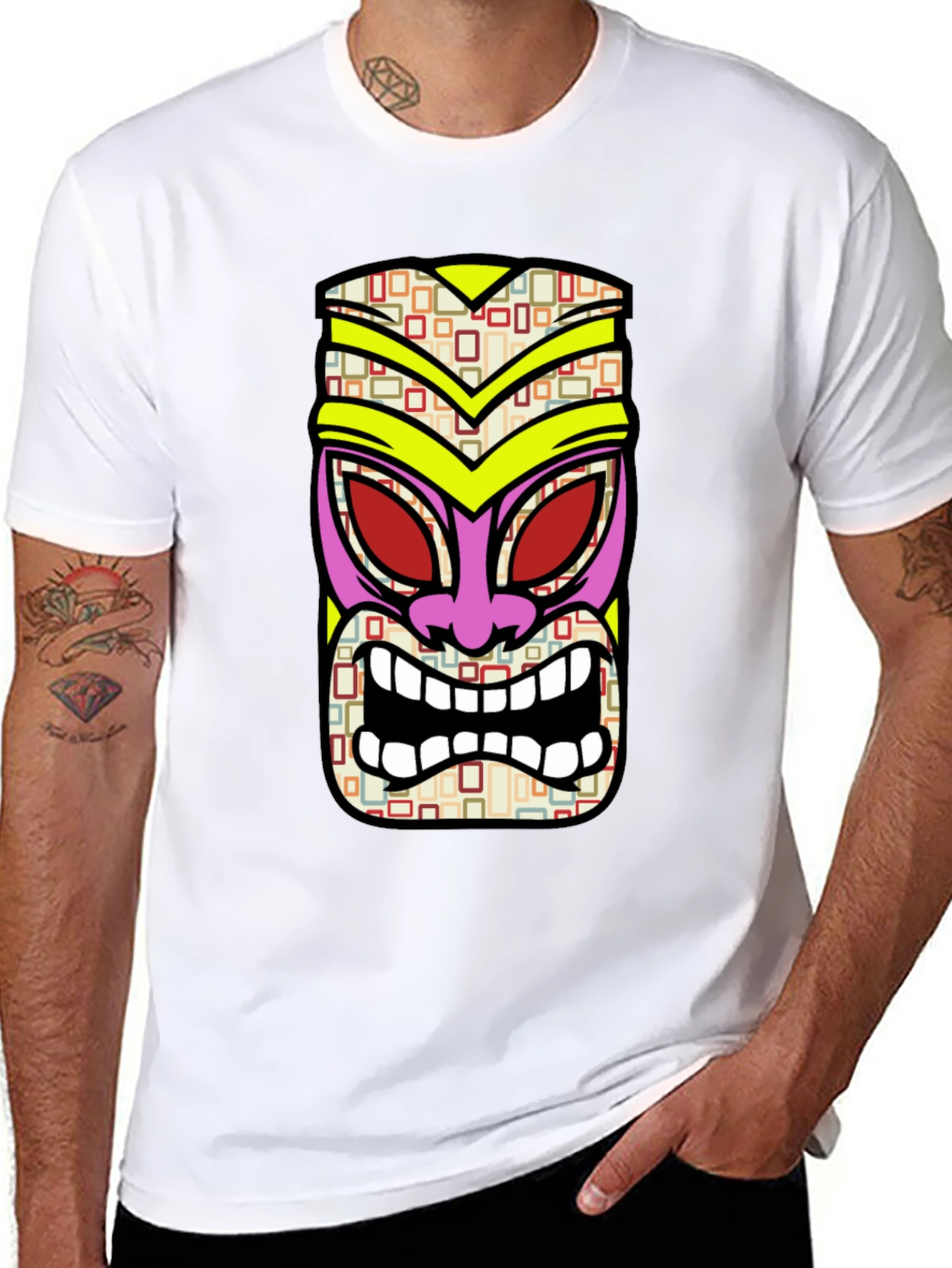 Black Tiki Mask Graphic Tee - Black Cotton T-Shirt view 8