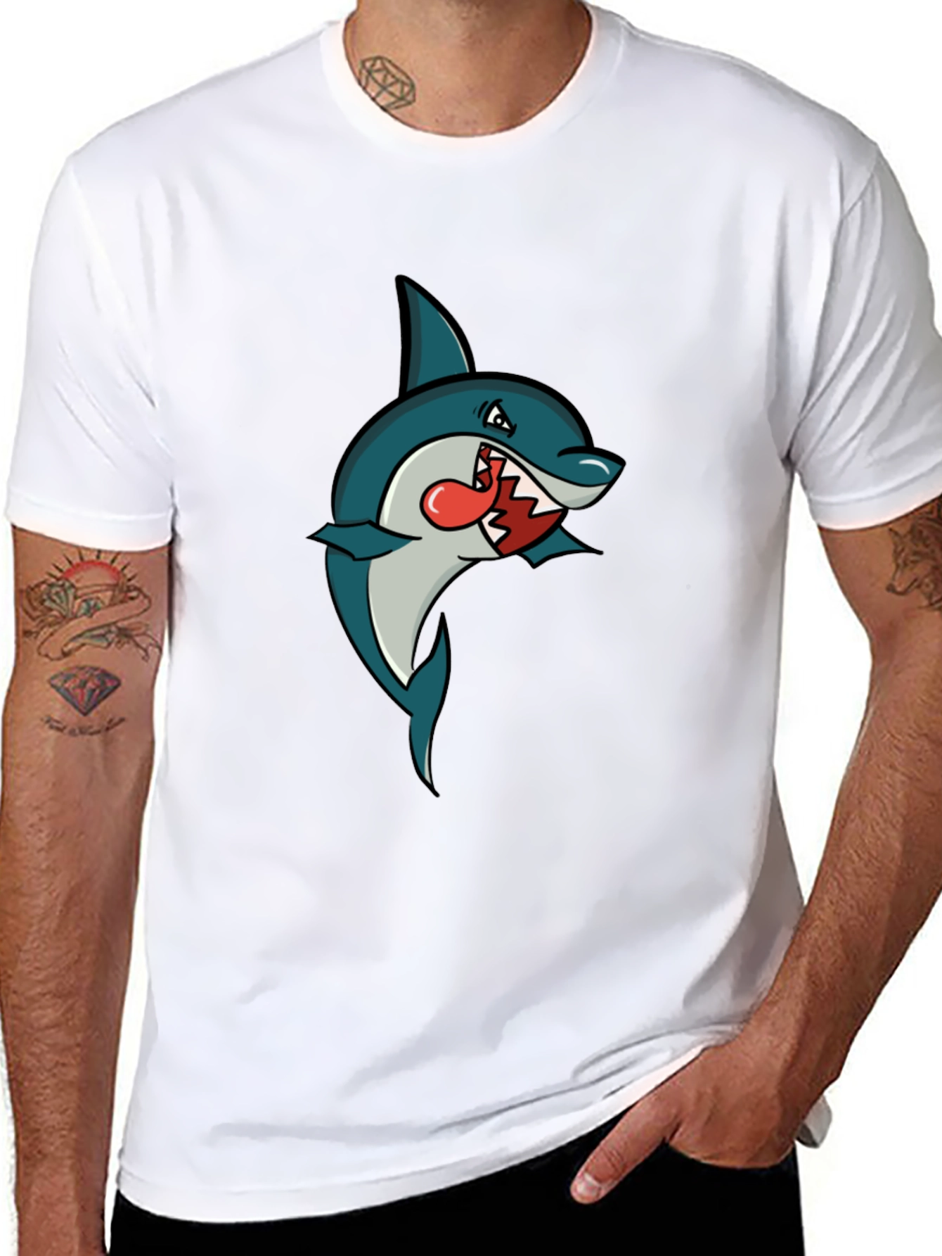 Black Shark Cartoon Graphic Tee - Men's Black T-Shirt view 8