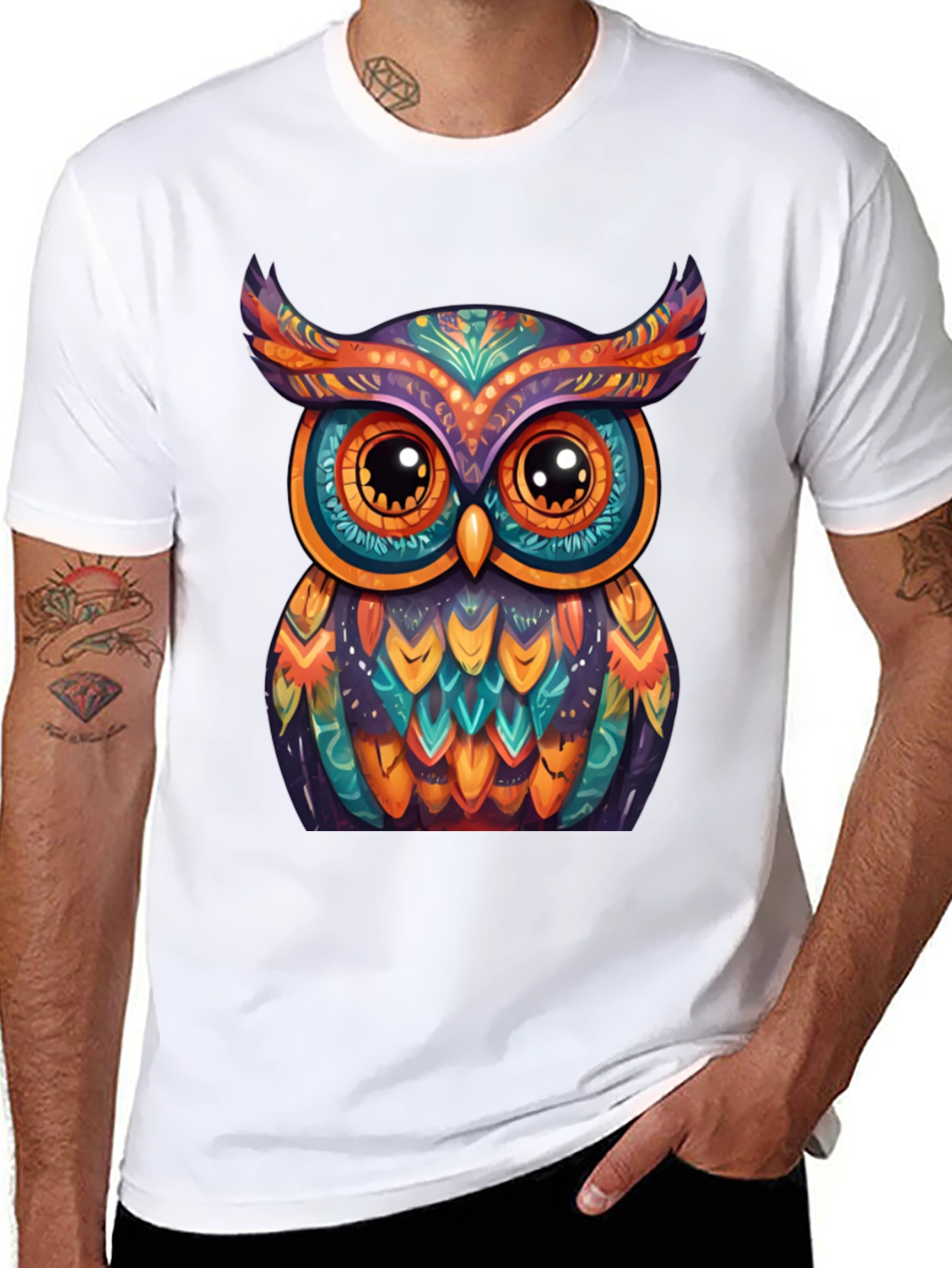 Black Colorful Owl Graphic Tee - Unique Artistic Design view 8