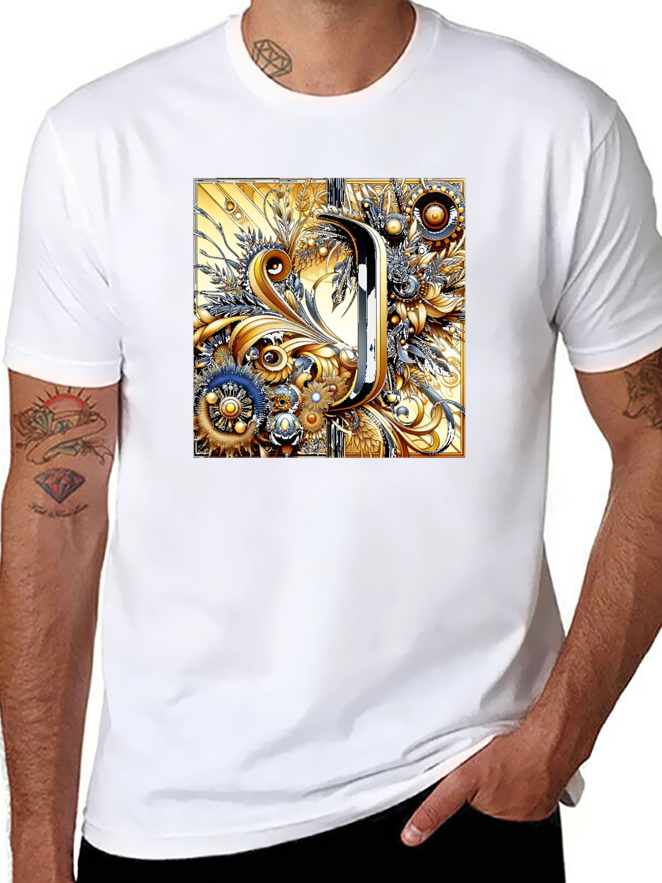 Black Steampunk Letter J T-Shirt - Ornate Floral Design view 8
