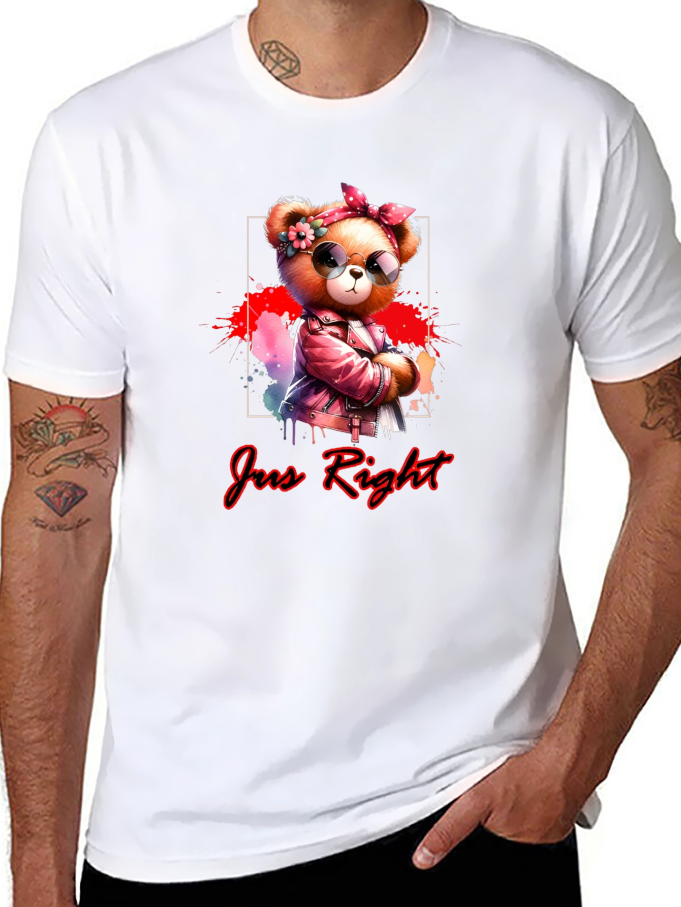 Black Trendy Teddy Bear Graphic Tee - "Jus Right" Black T-Shirt view 8