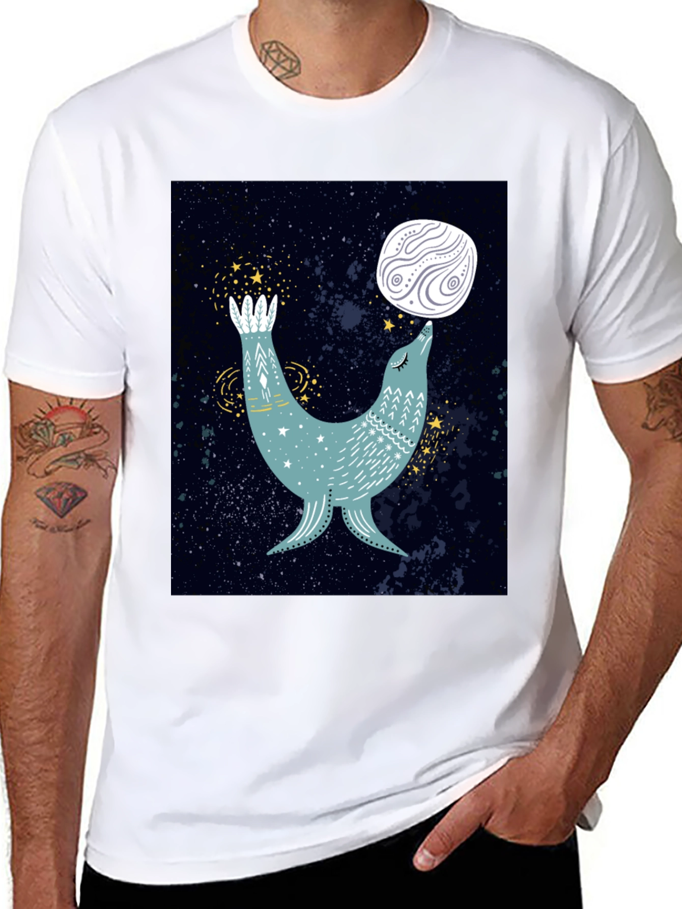 Black Cosmic Seal T-Shirt - Celestial Animal Design view 8