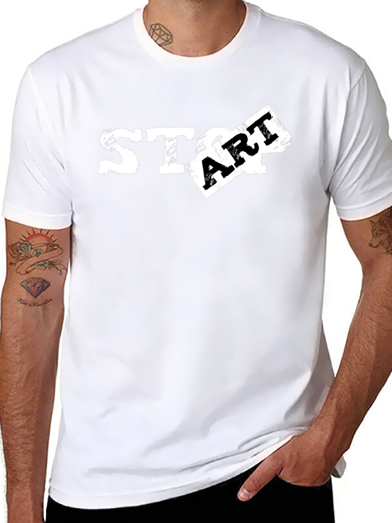 Black Distressed START Graphic Tee - Black Cotton T-Shirt view 8