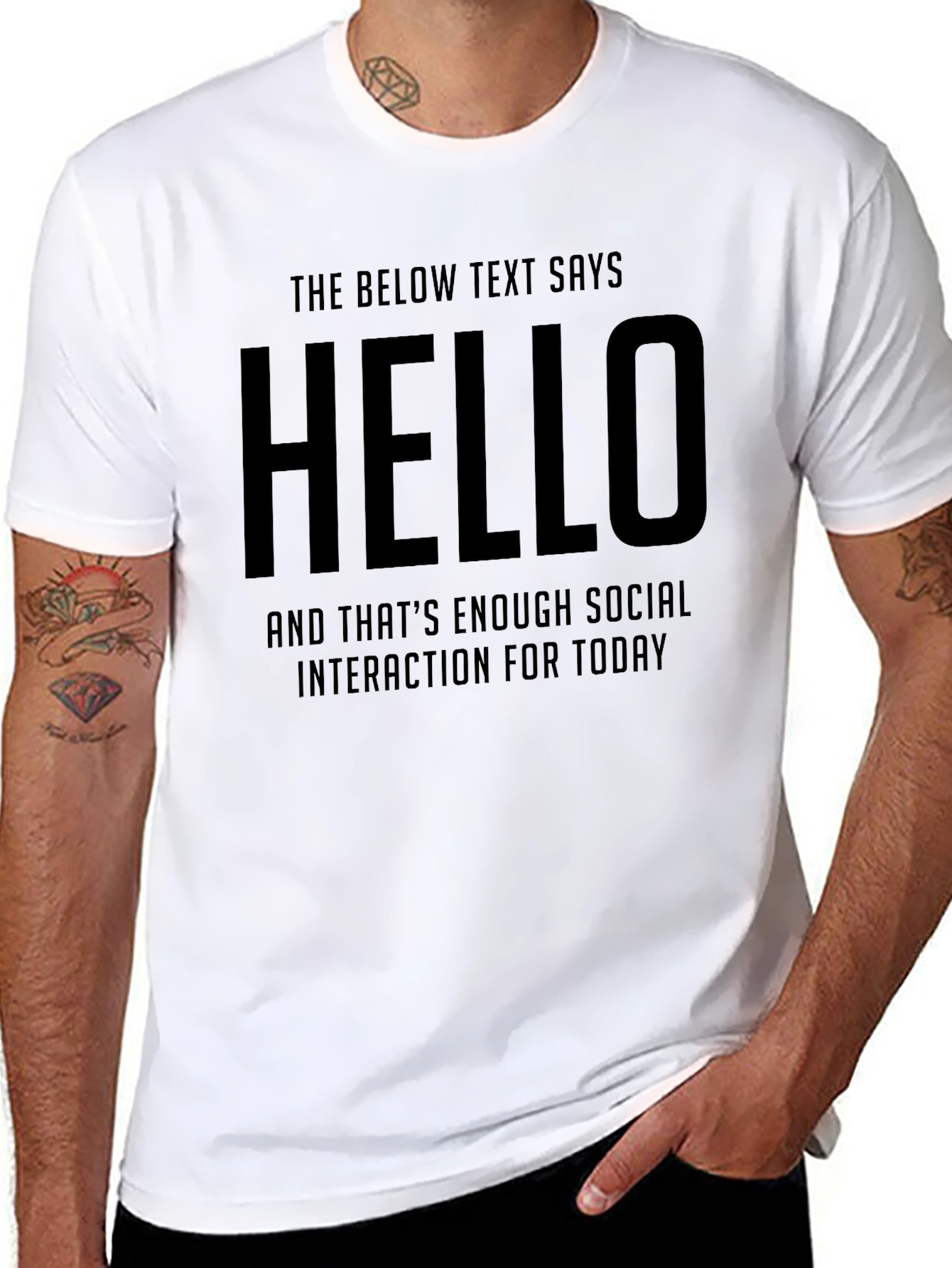 Black Hello Social Interaction Funny T-Shirt view 8