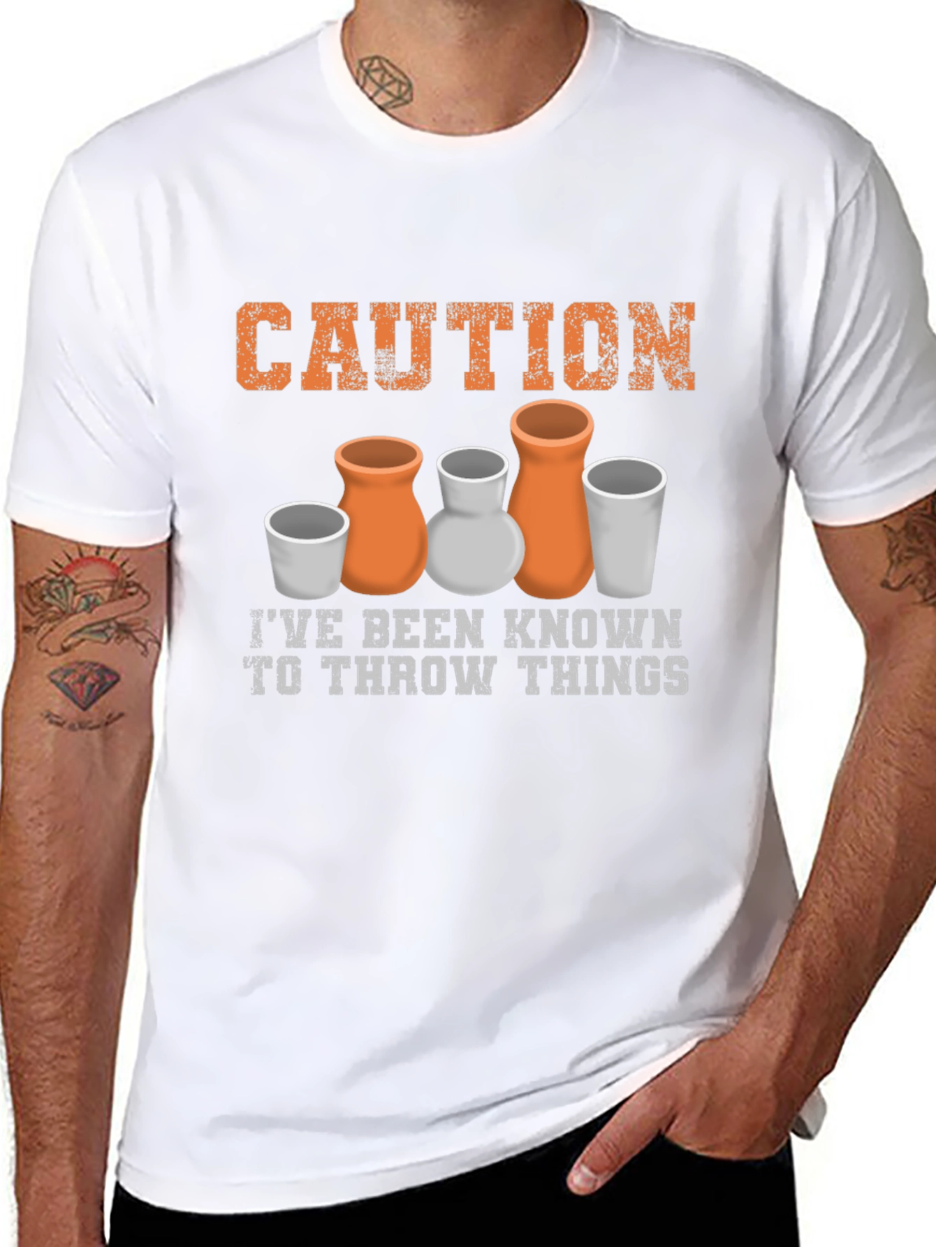 Black Caution I Throw Things Pottery T-Shirt view 8