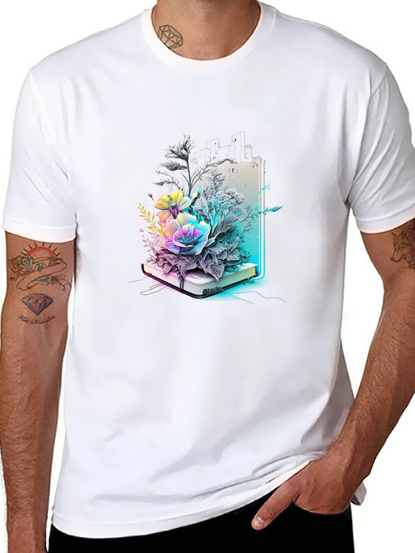 Black Floral Bookworm Tee - Artistic Graphic T-Shirt view 8