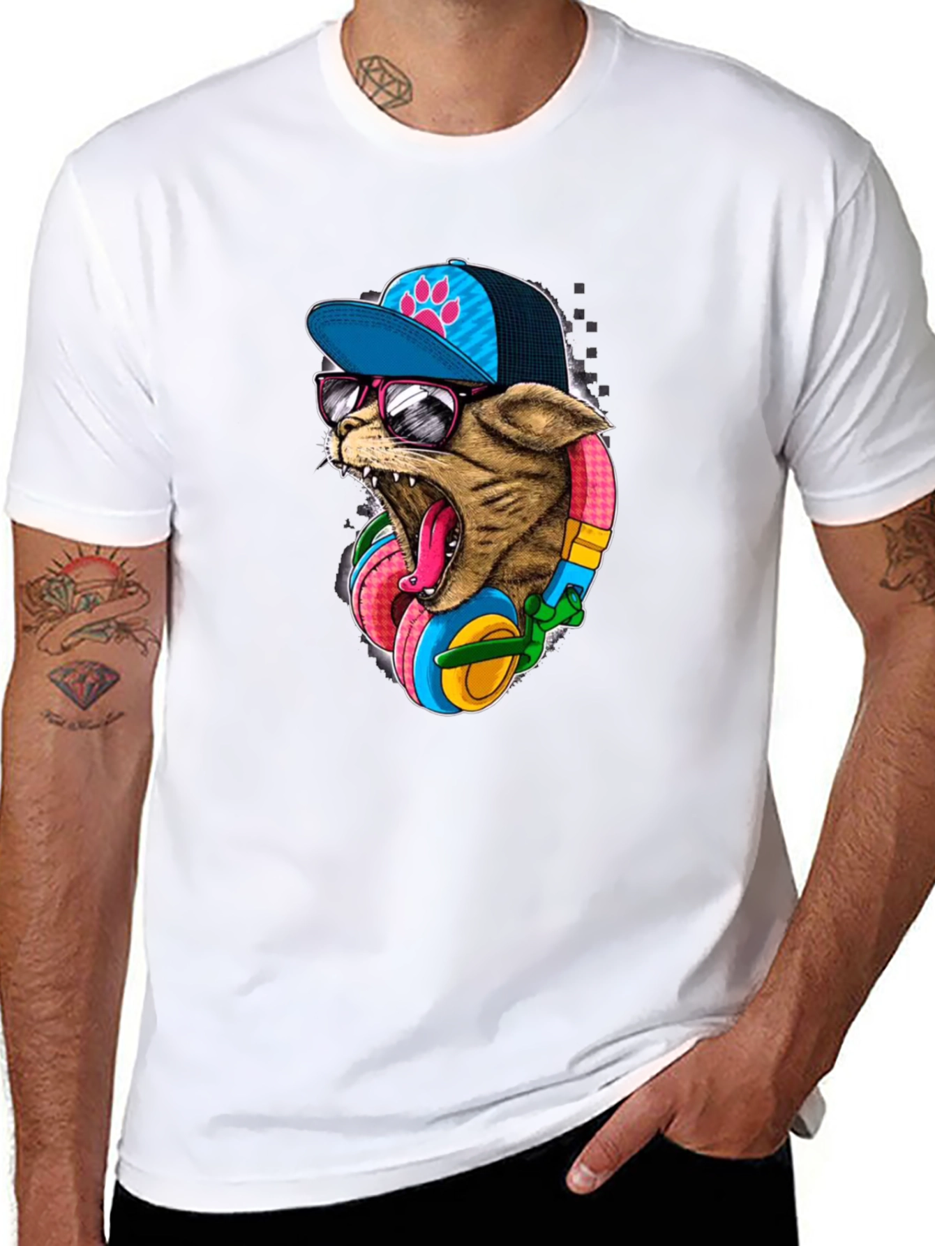 Black Cool Cat T-Shirt: Cat Wearing Headphones & Cap view 8