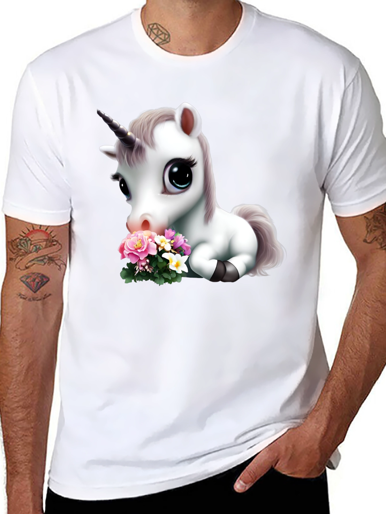 Black Cute Unicorn with Flowers Graphic T-Shirt view 8