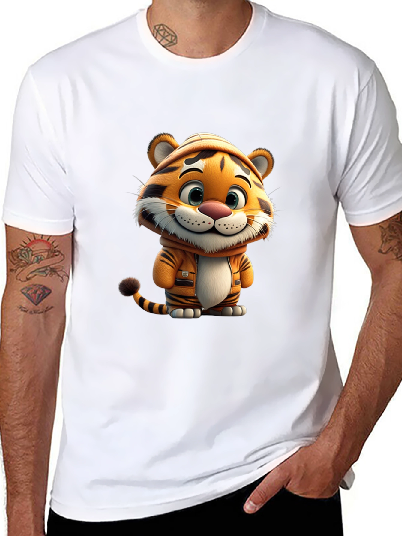 Black Cute Cartoon Tiger Black T-Shirt view 8