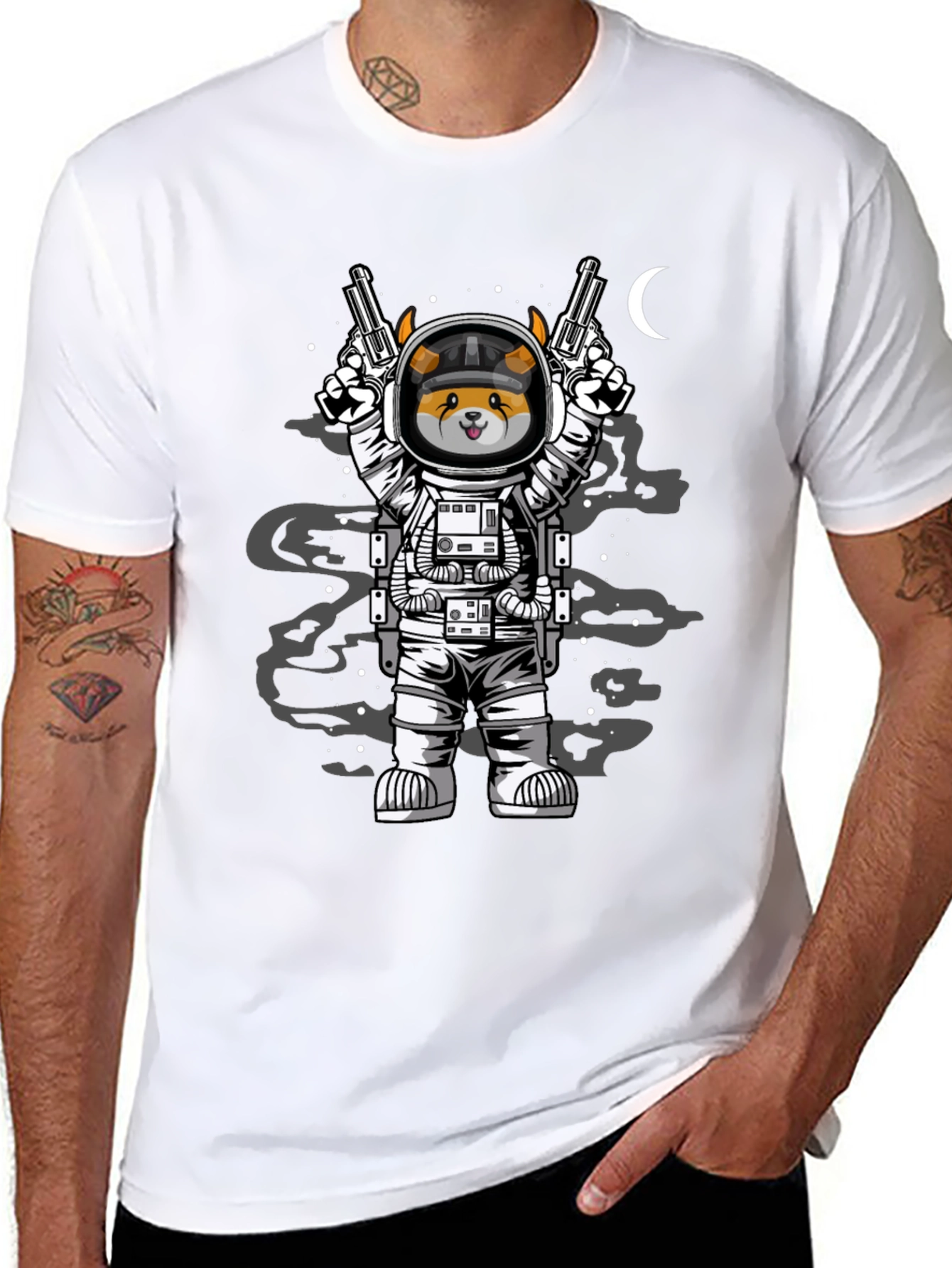 Black Space Dog T-Shirt - Astronaut Doge with Guns view 8