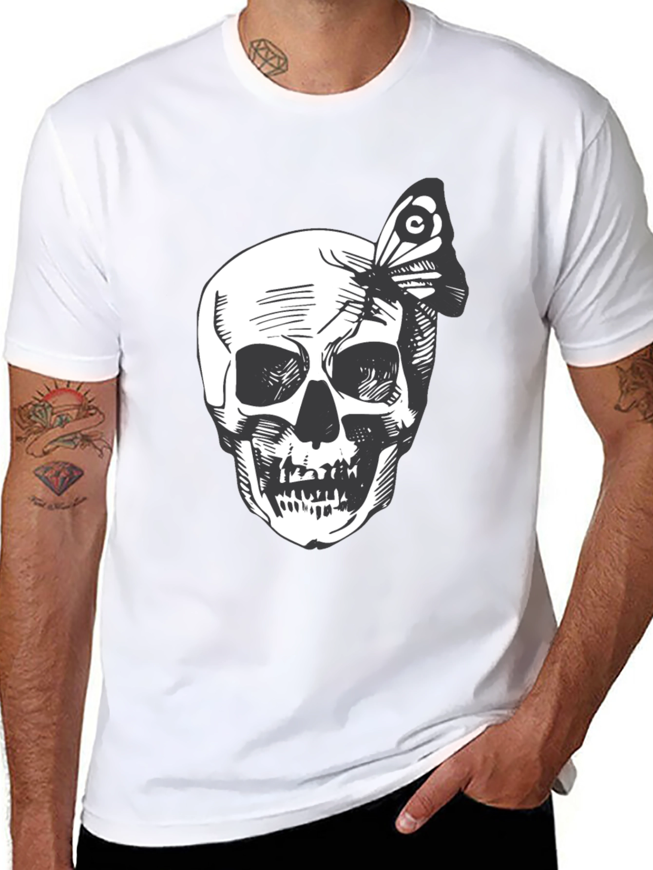 Black Skull and Butterfly Graphic Tee - Black Cotton view 8