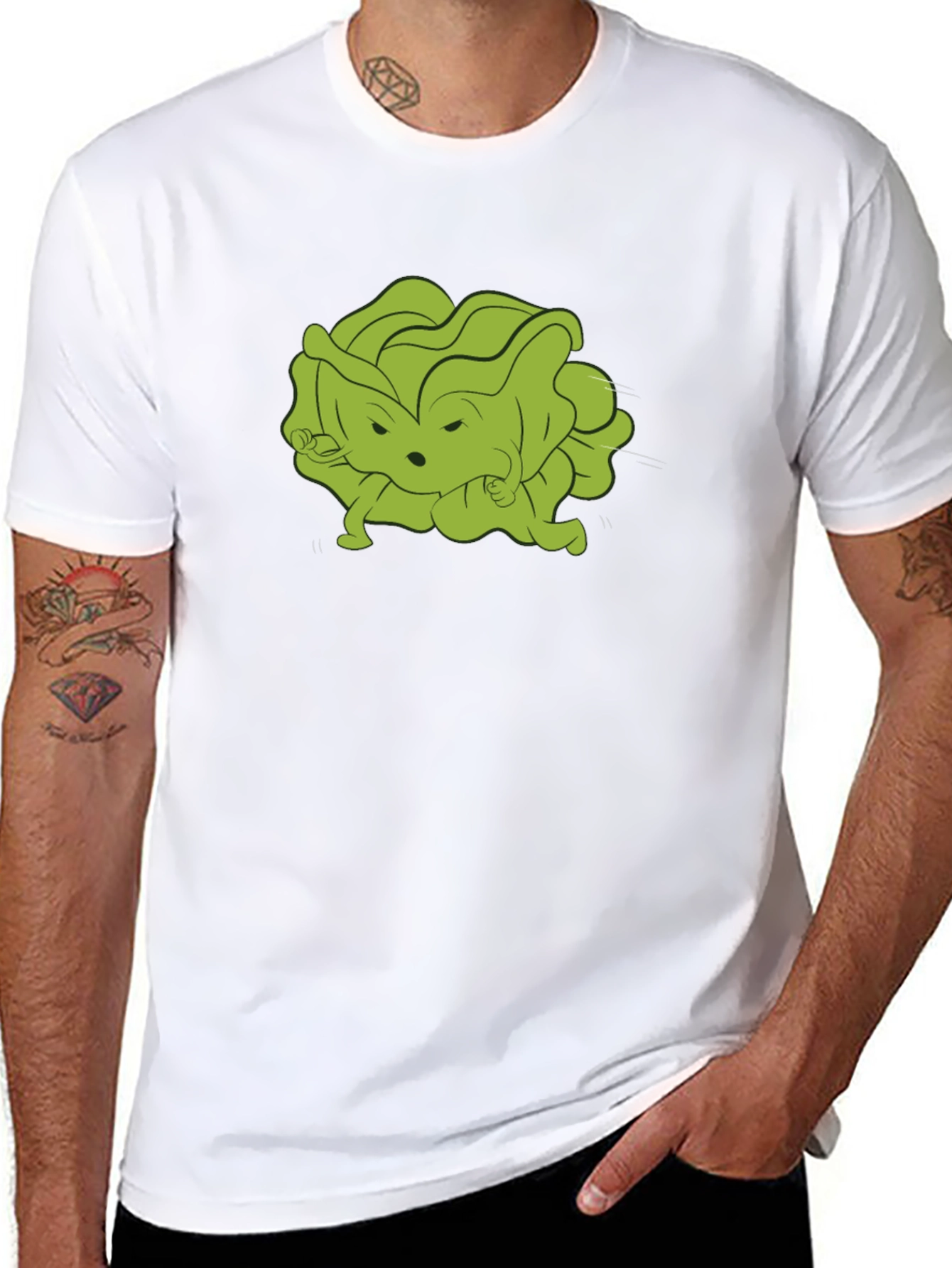Black Funny Cartoon Lettuce Character Black T-Shirt view 8