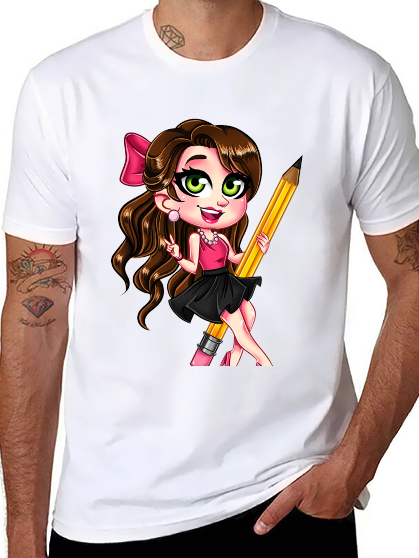 Black Fun Cartoon Girl with Pencil Black T-Shirt view 8