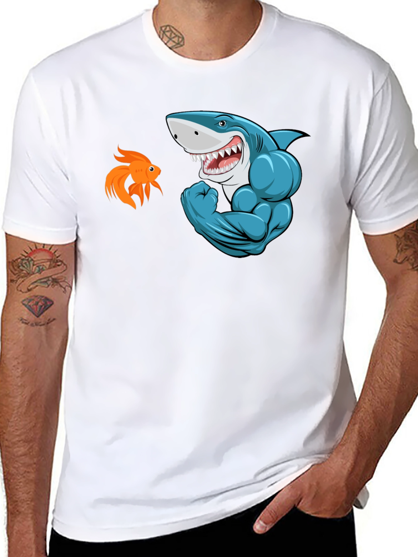 Black Funny Shark vs Goldfish Graphic Tee view 8
