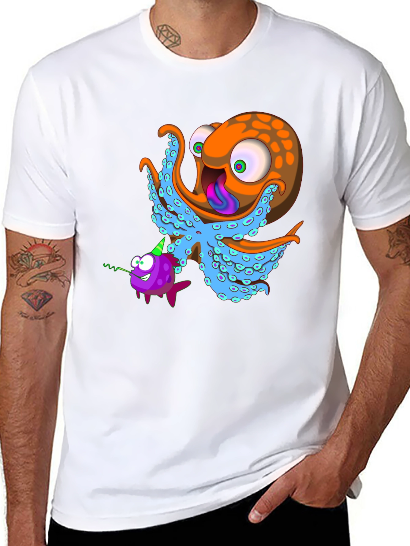 Black Octopus & Fish Graphic Tee - Unique Cartoon Design view 8