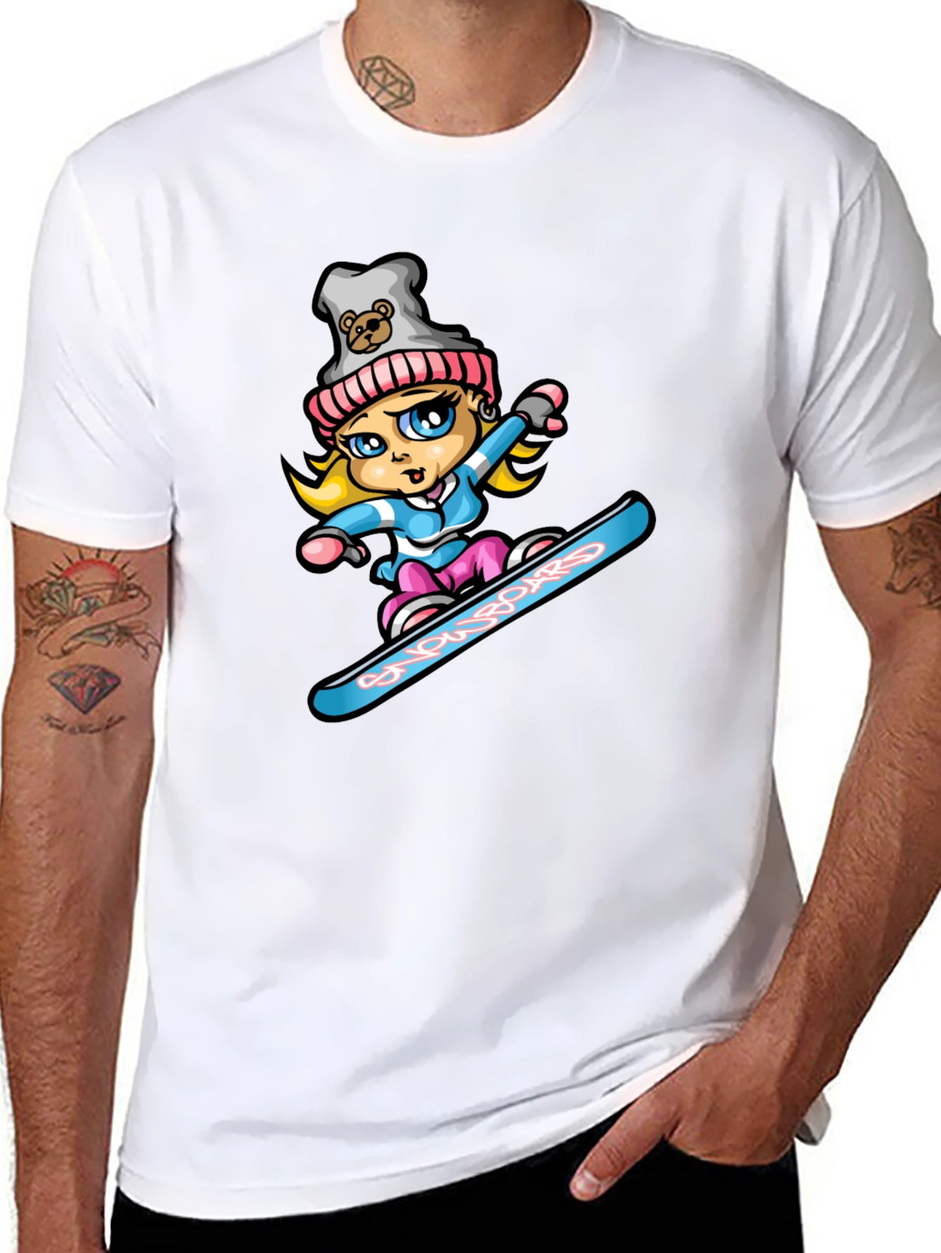 Black Snowboard Girl T-Shirt - Cartoon Graphic Tee view 8