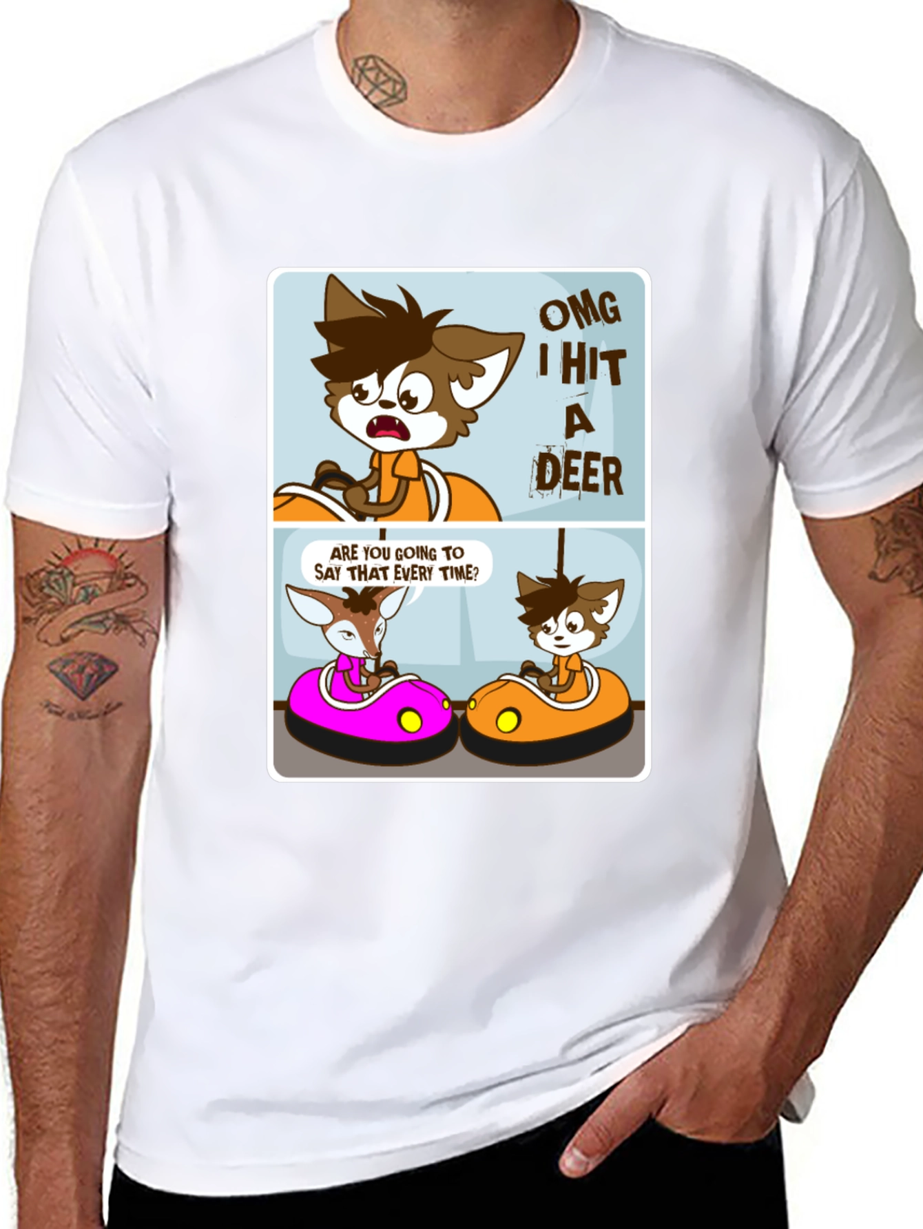 Black Cartoon Deer Bumper Cars Black T-Shirt view 8