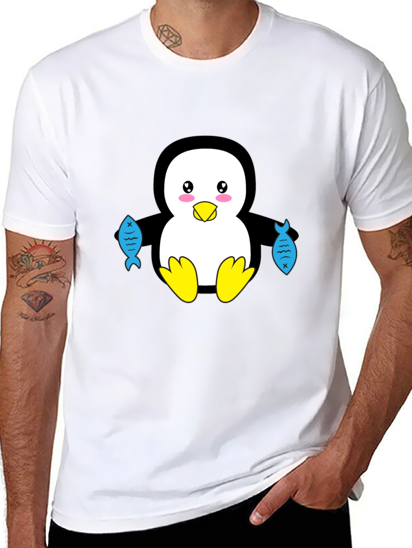 Black Cute Penguin Holding Fish Graphic T-Shirt view 8